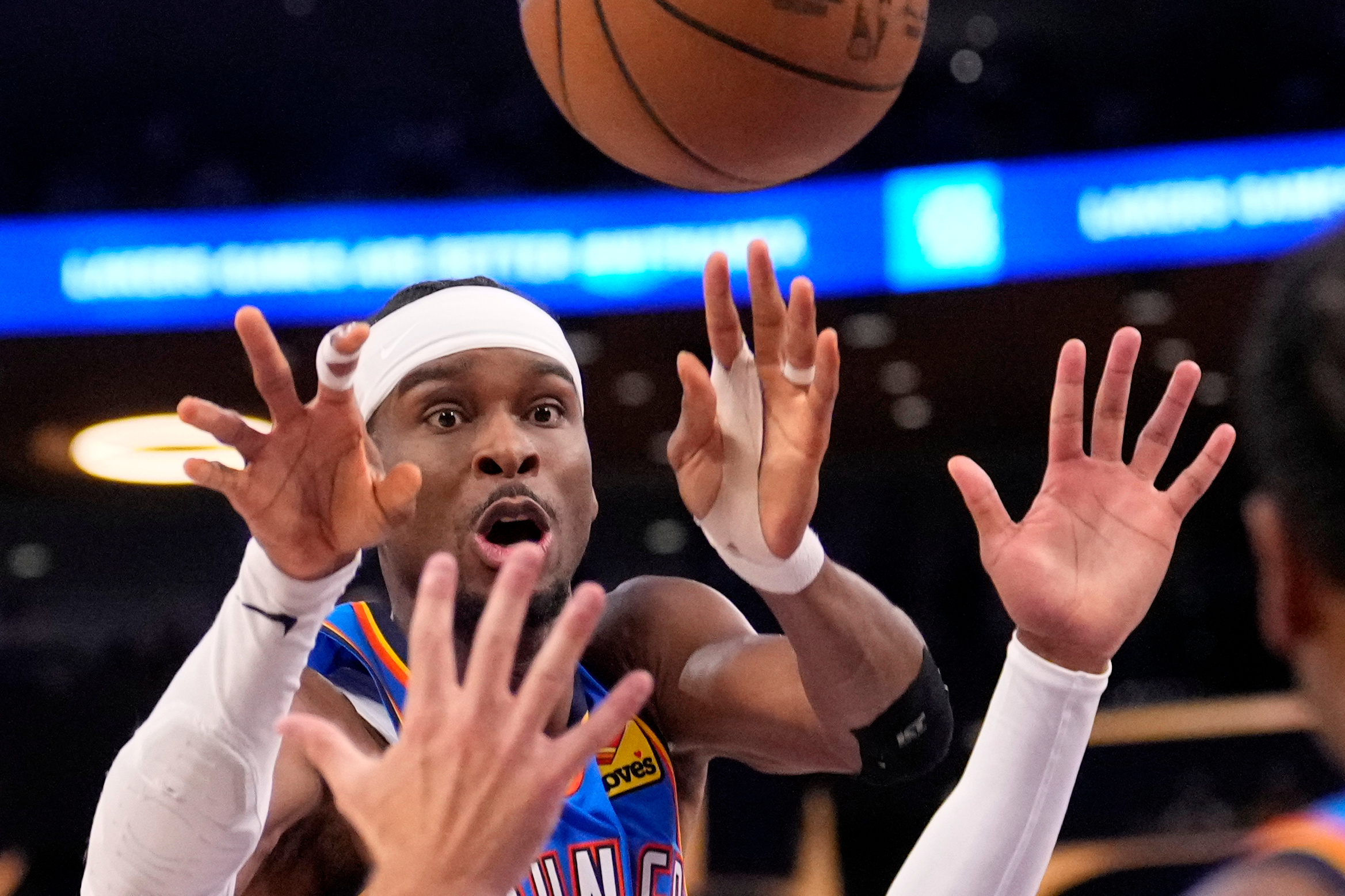 Oklahoma City Thunder guard Shai Gilgeous-Alexander passes the ball during the second half of Game 3 in a second-round NBA basketball playoffs series against the Los Angeles Lakers, Saturday, May 9, 2026, in Los Angeles. 