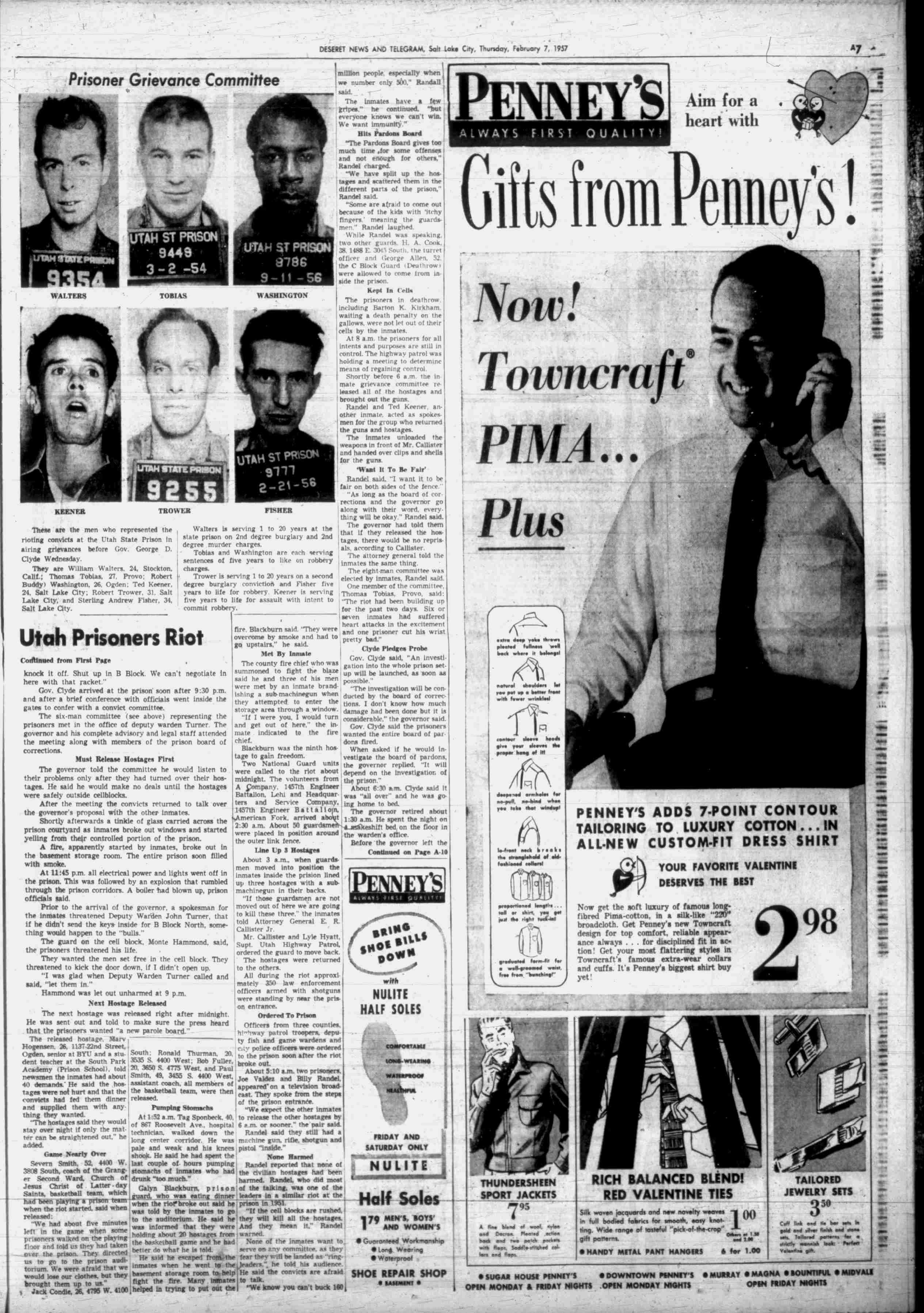 The page of the Deseret News on Fab. 7, 1957, after a scheduled basketball game between a local Latter-day Saint ward and some inmates at the Utah State Prison became a major prison riot.
