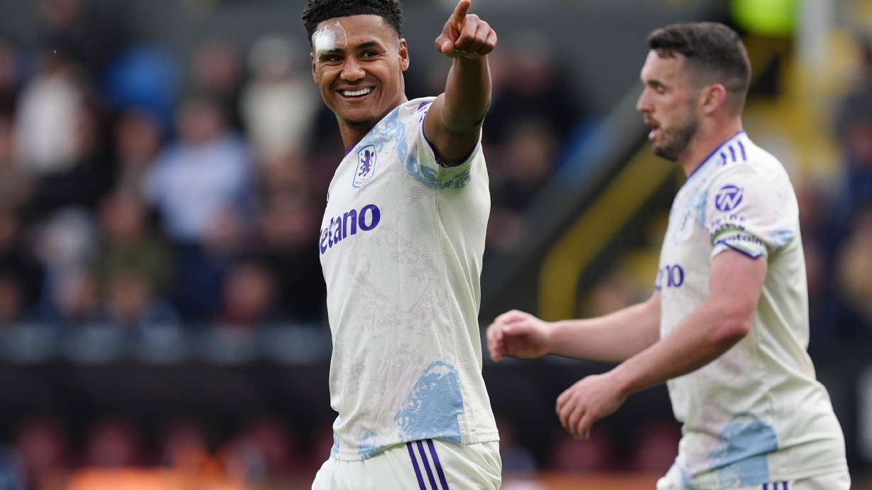 Aston Villa's Ollie Watkins celebrates scoring during the English Premier League soccer match between Burnley and Aston Villa in Burnley, England, Sunday May 10, 2026.
