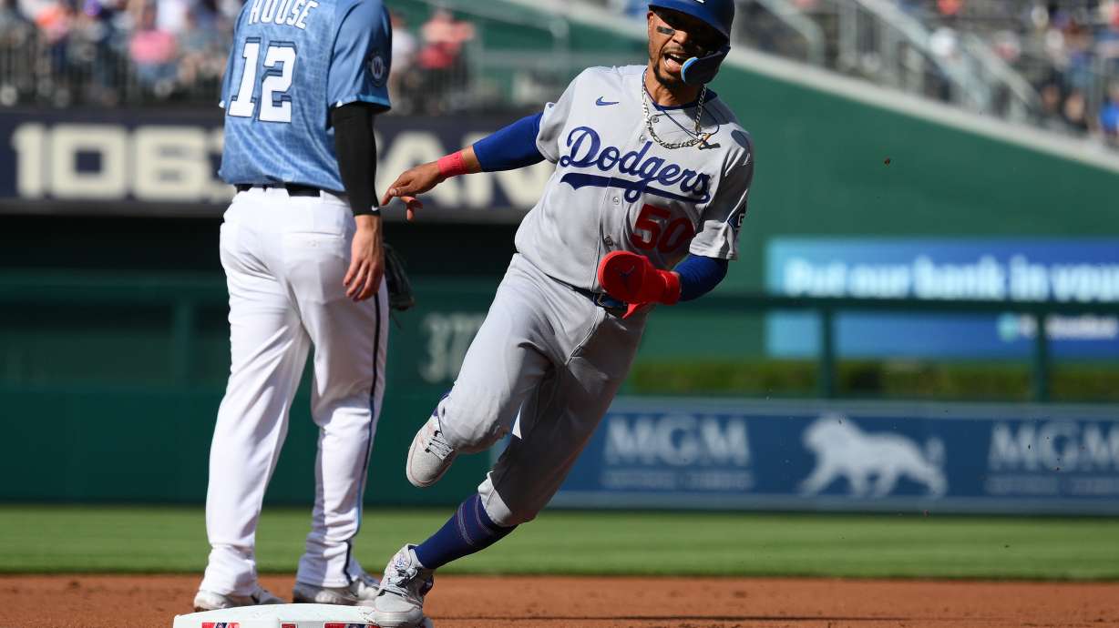 FILE - Los Angeles Dodgers' Mookie Betts in action during a baseball game against the Washington Nationals, April 4, 2026, in Washington.