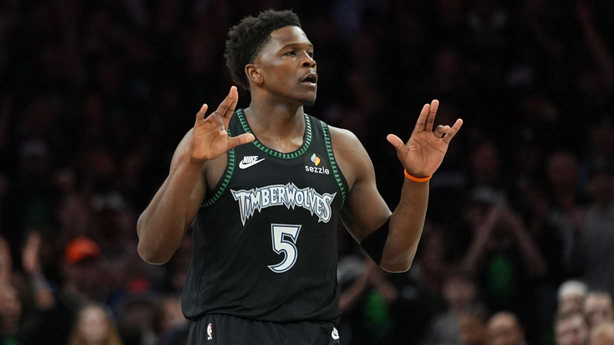 Minnesota Timberwolves guard Anthony Edwards reacts after scoring against the San Antonio Spurs during the first half of Game 4 of an NBA basketball second-round playoffs series in Minneapolis, Sunday, May 10, 2026.