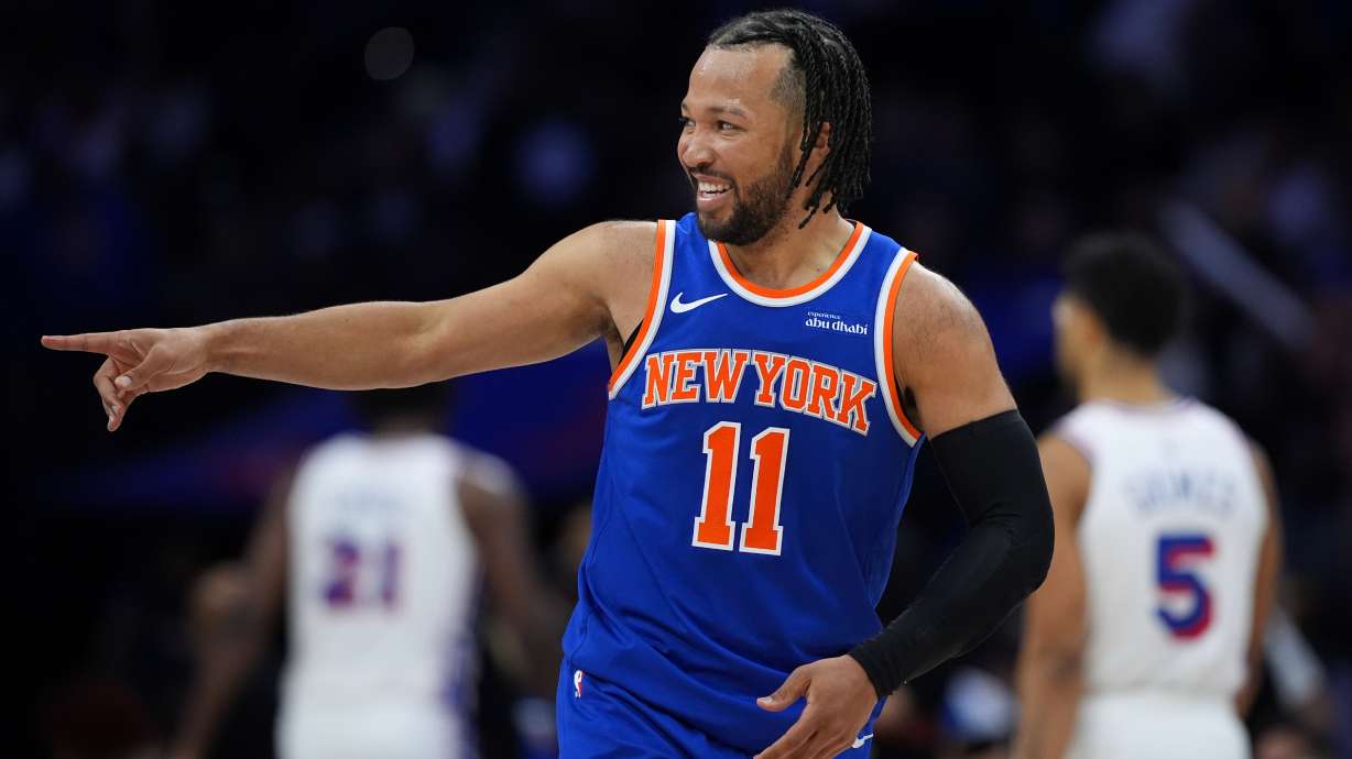 New York Knicks' Jalen Brunson reacts after scoring during the second half of Game 4 against the Philadelphia 76ers in a second-round NBA basketball playoffs series Sunday, May 10, 2026, in Philadelphia.