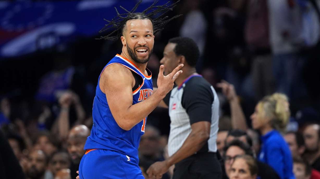 New York Knicks' Jalen Brunson reacts after scoring during the second half of Game 4 against the Philadelphia 76ers in a second-round NBA basketball playoffs series Sunday, May 10, 2026, in Philadelphia.