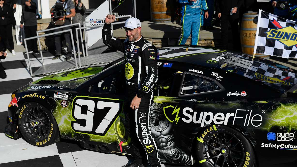 Shane Van Gisbergen celebrates after winning a NASCAR Cup Series auto race, Sunday, May 10, 2026, in Watkins Glen, N.Y.