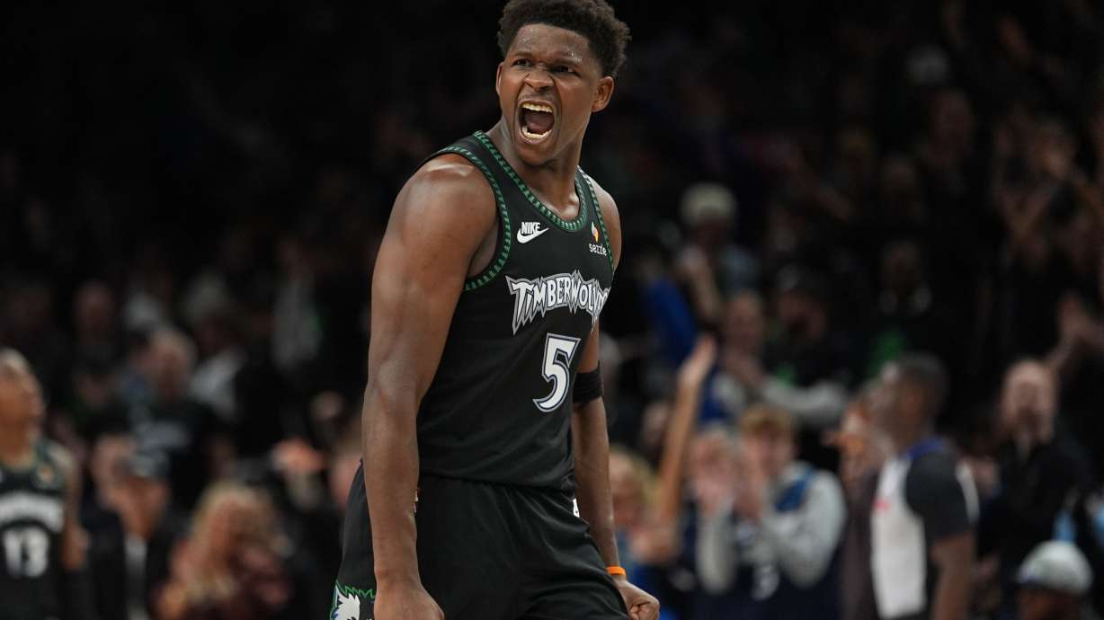 Minnesota Timberwolves guard Anthony Edwards (5) reacts after scoring against the San Antonio Spurs during the second half of Game 4 of an NBA basketball second-round playoffs series in Minneapolis, Sunday, May 10, 2026.