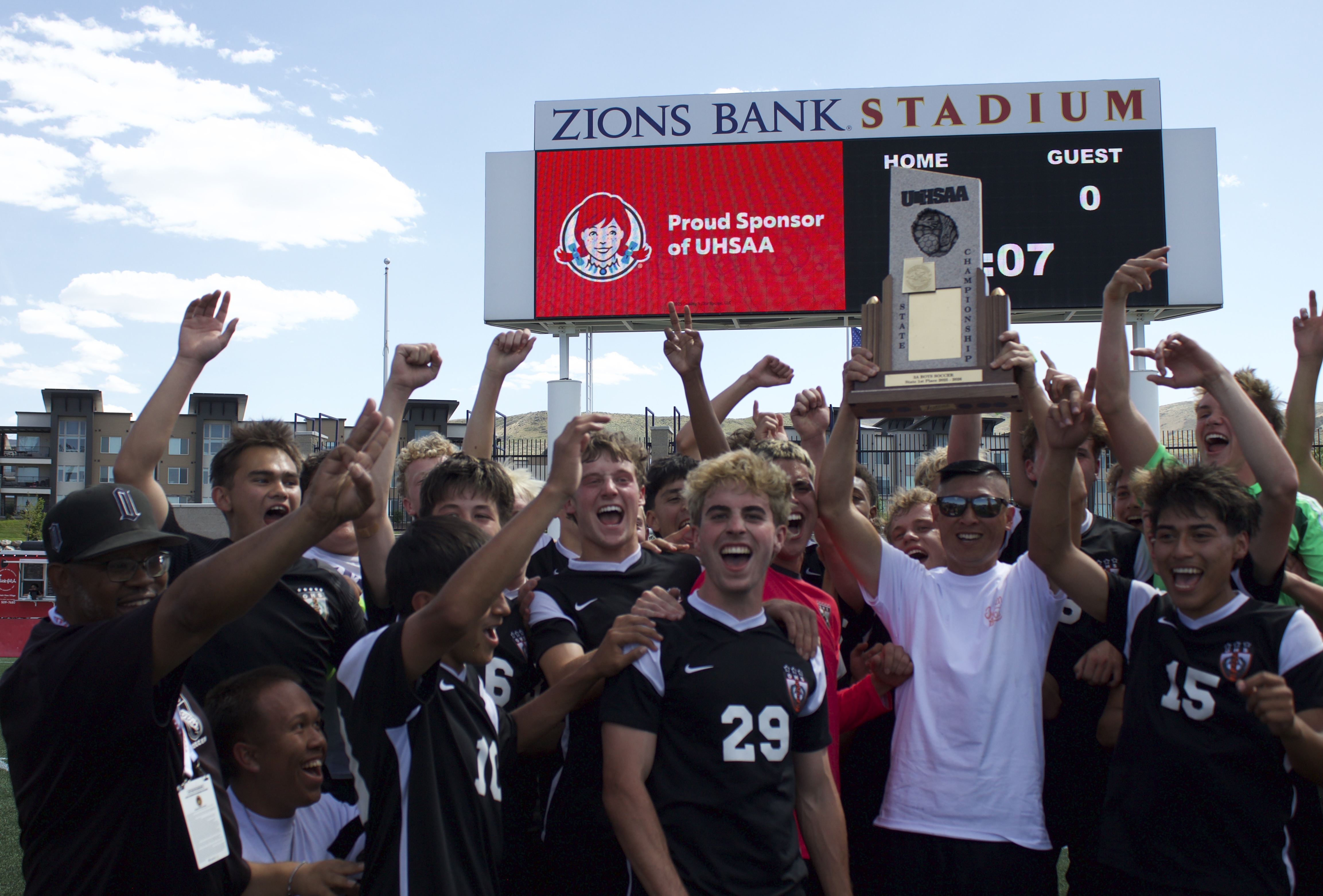 Ogden High celebrates a 1-0 win over Morgan in the 3A championship match to clinch the Tigers' third consecutive state title, Monday, May 11, 2026 at Zions Bank Stadium in Herriman, Utah.