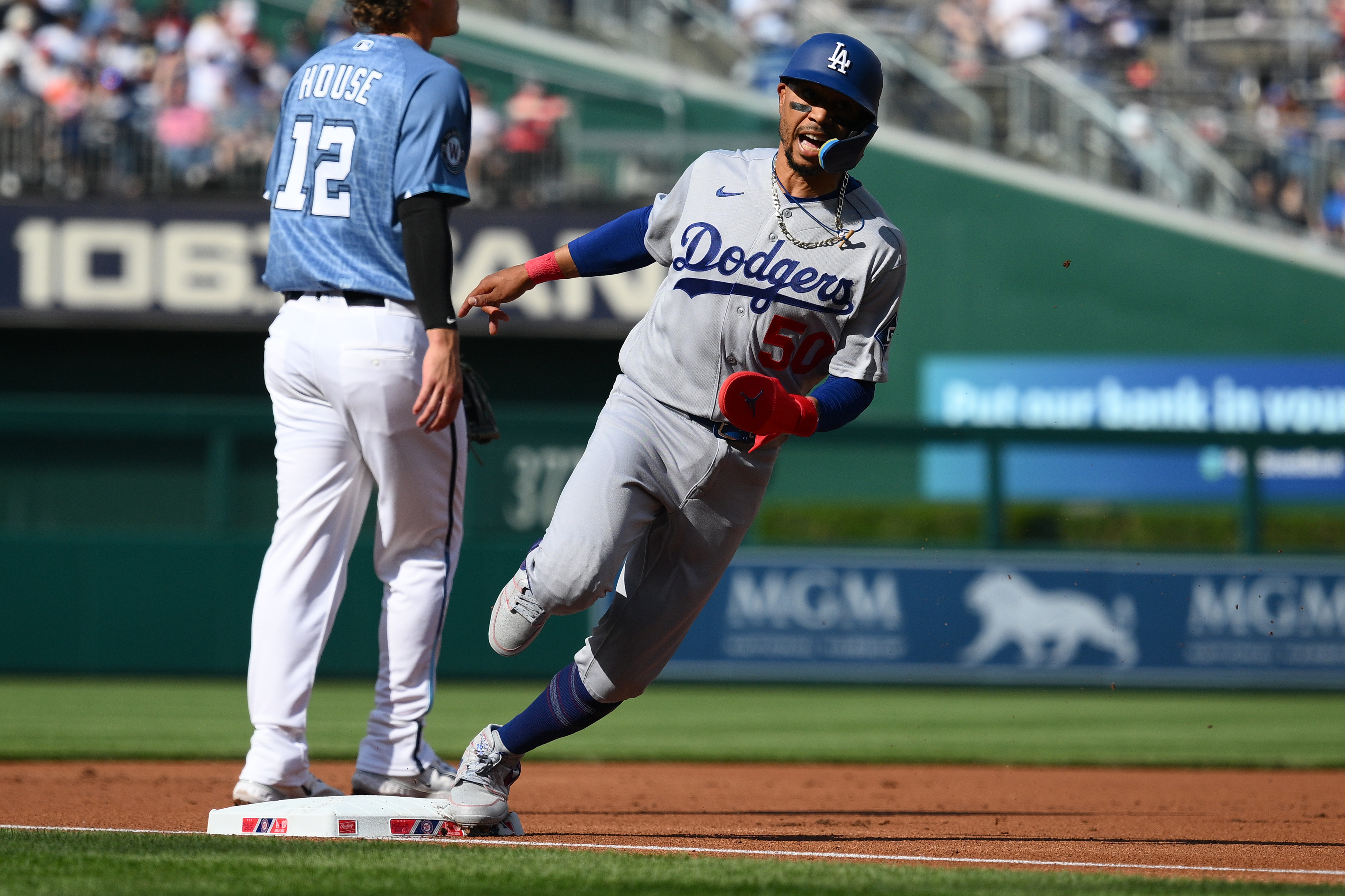 FILE - Los Angeles Dodgers' Mookie Betts in action during a baseball game against the Washington Nationals, April 4, 2026, in Washington. 