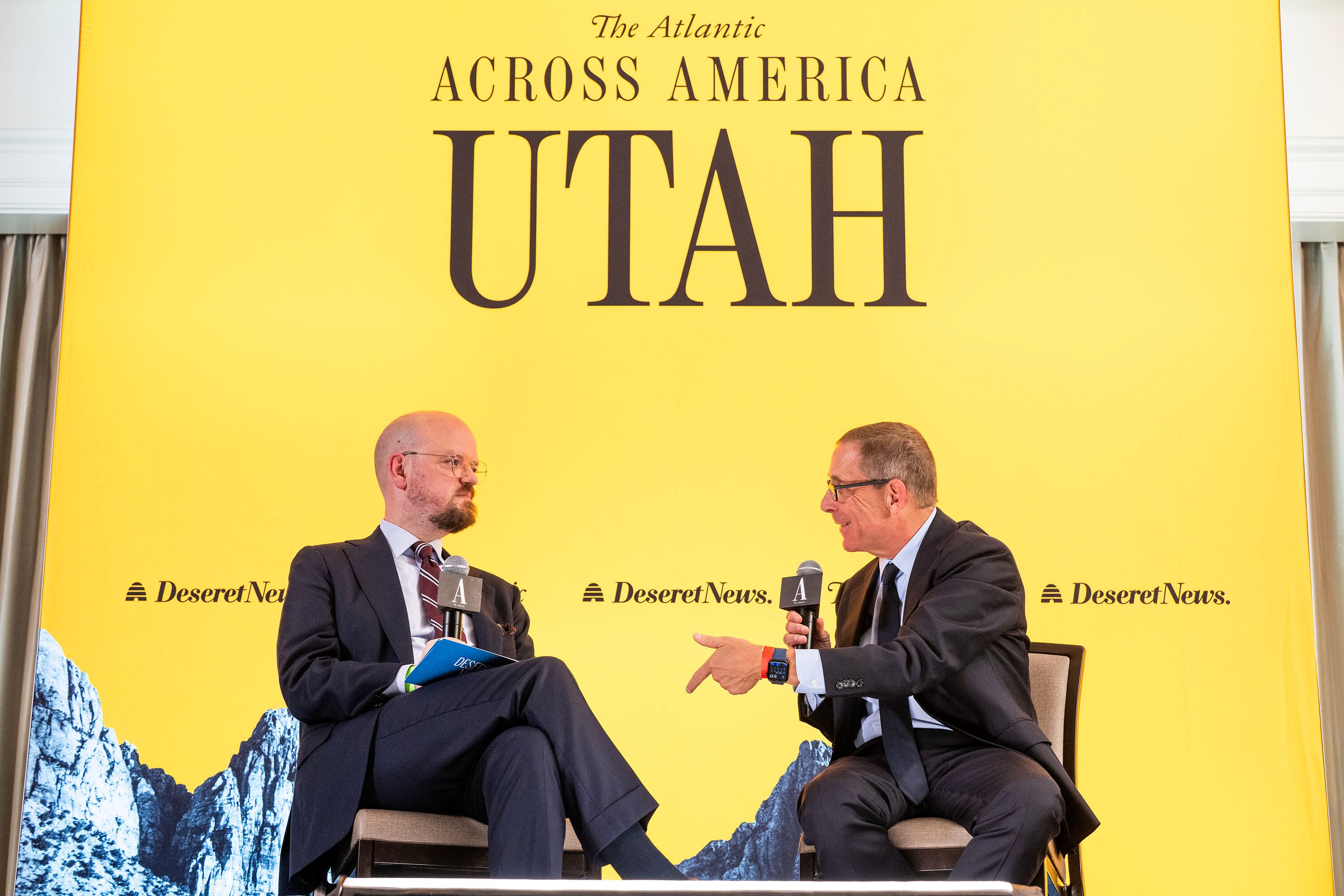 The Atlantic staff writer McKay Coppins listens as Evan Smith, The Atlantic managing director of events, talks about the media industry, as The Atlantic Across America tour — a three-year, 50-state event series delving into important topics of our day — partners with the Deseret News in Salt Lake City on Monday.