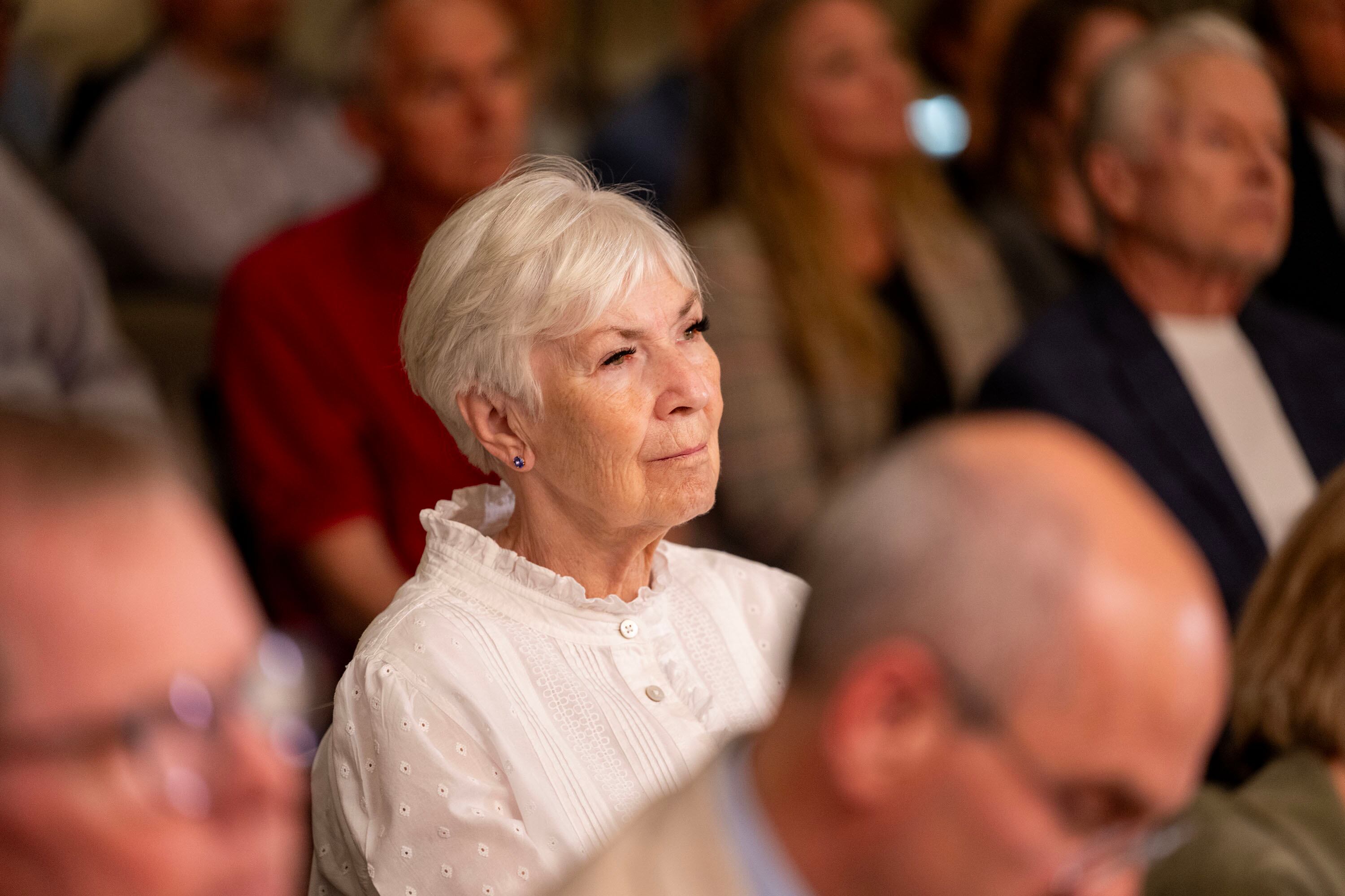 Gail Miller, co-founder of Larry H. Miller Company, listens as The Atlantic Across America tour — a three-year, 50-state event series delving into important topics of our day — partners with the Deseret News in Salt Lake City on Monday.