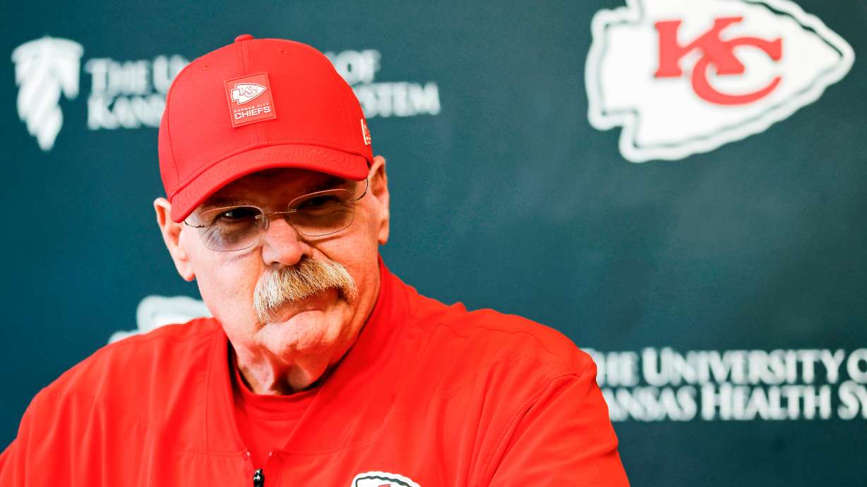 Kansas City Chiefs head coach Andy Reid reacts to a question as he meets with the media on the second day of the NFL football team's rookie minicamp in Kansas City, Mo., Saturday, May 2, 2026.