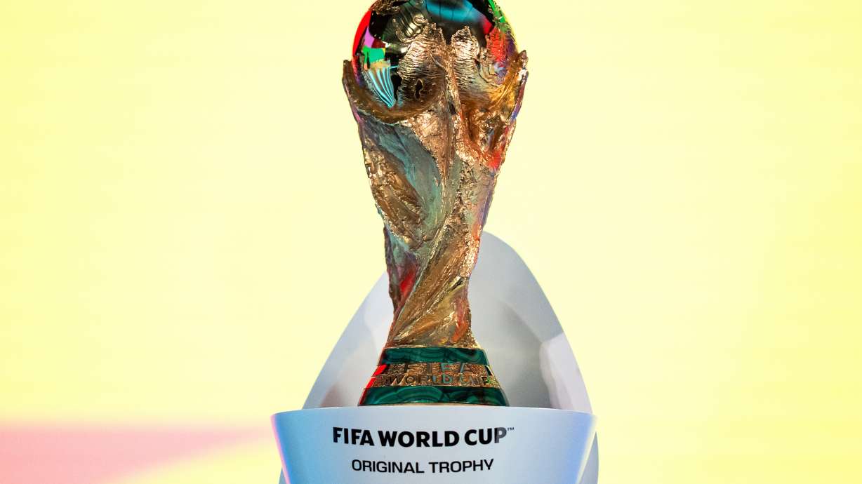 FILE - The FIFA World Cup Trophy is displayed during the FIFA World Cup 2026 playoff draw in Zurich, Switzerland, Thursday, Nov. 20, 2025.