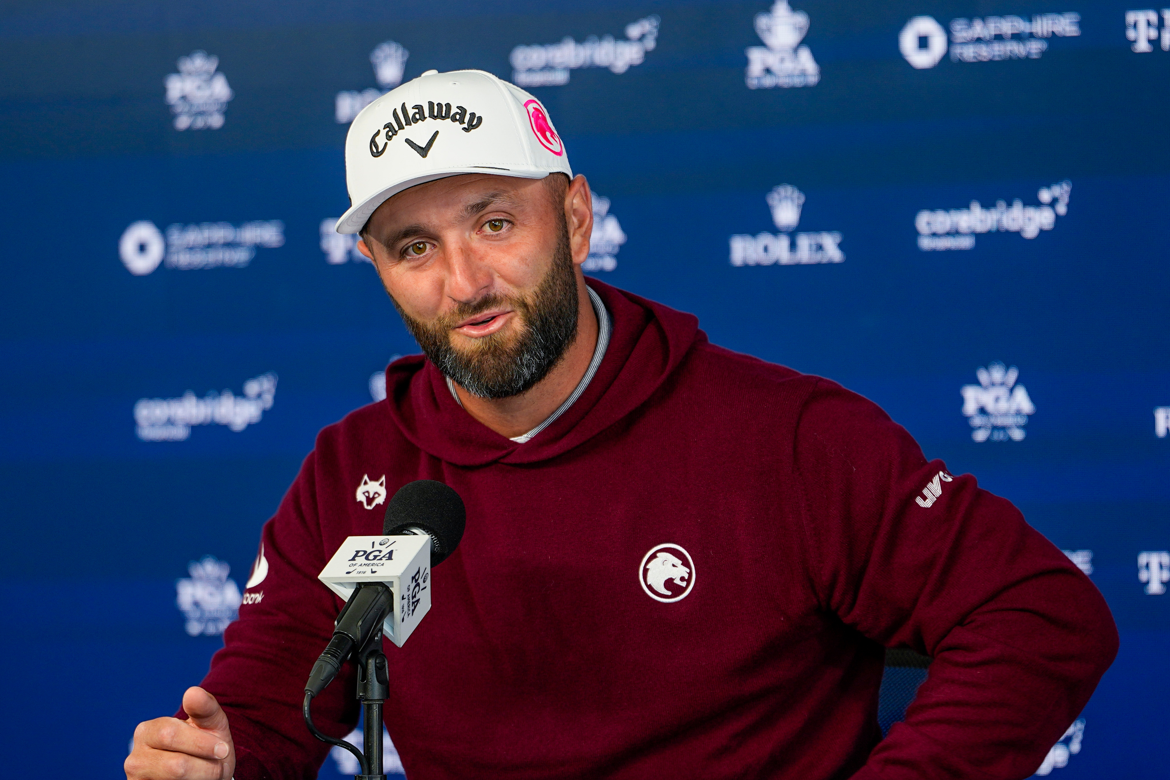 Jon Rahm, of Spain, speaks to the media prior to a PGA Championship golf tournament practice round at Aronimink Golf Club, Tuesday, May 12, 2026, in Newtown Square, PA.