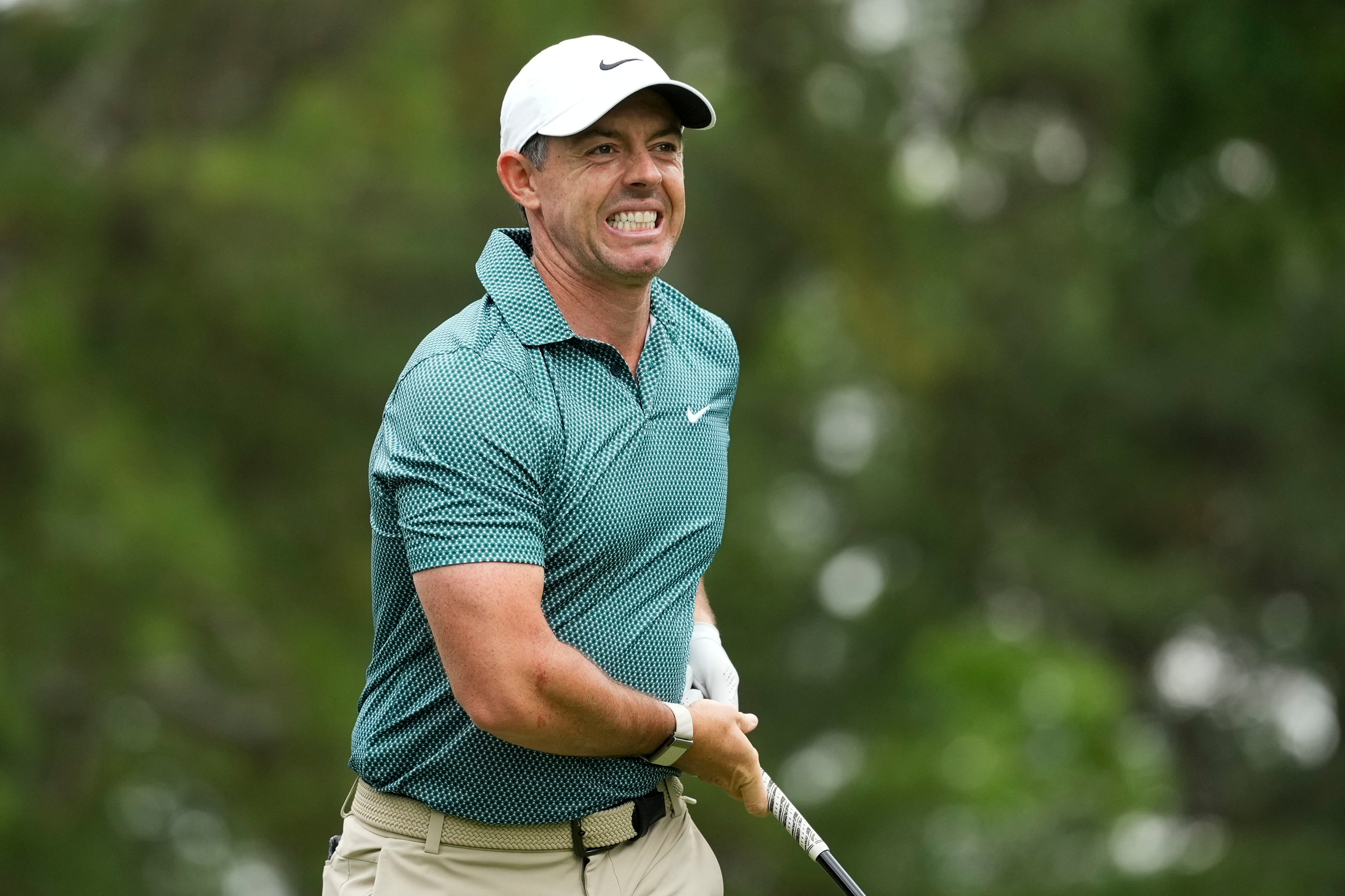 Rory McIlroy, of Northern Ireland, hits from the third tee during third round of the Truist Championship golf tournament at the Quail Hollow Club, Saturday, May 9, 2026, in Charlotte, N.C. 