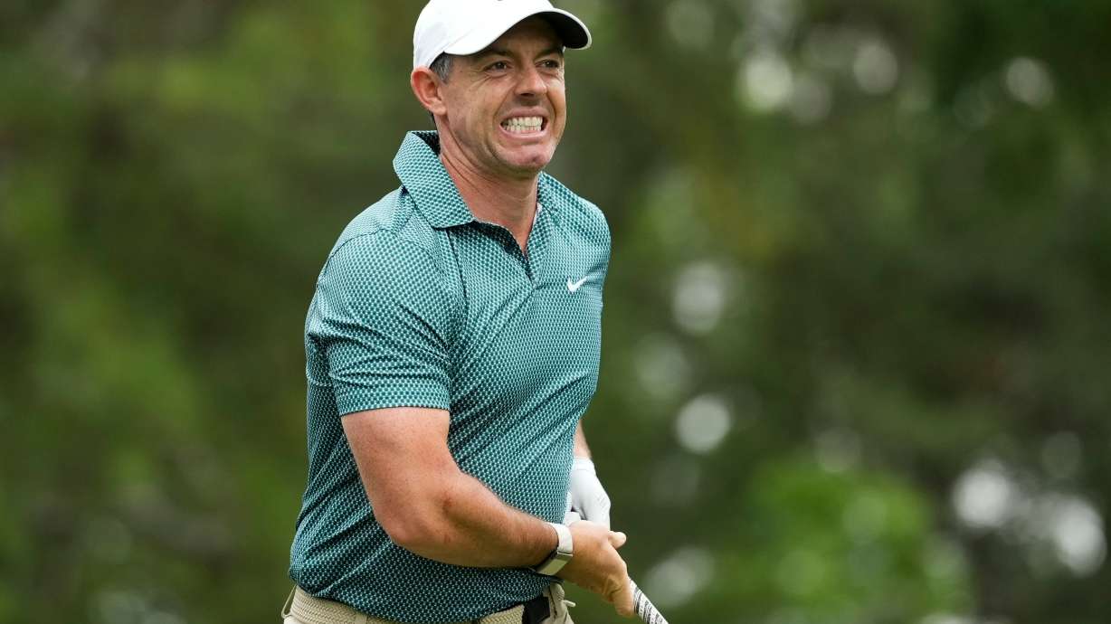 Rory McIlroy, of Northern Ireland, hits from the third tee during third round of the Truist Championship golf tournament at the Quail Hollow Club, Saturday, May 9, 2026, in Charlotte, N.C.