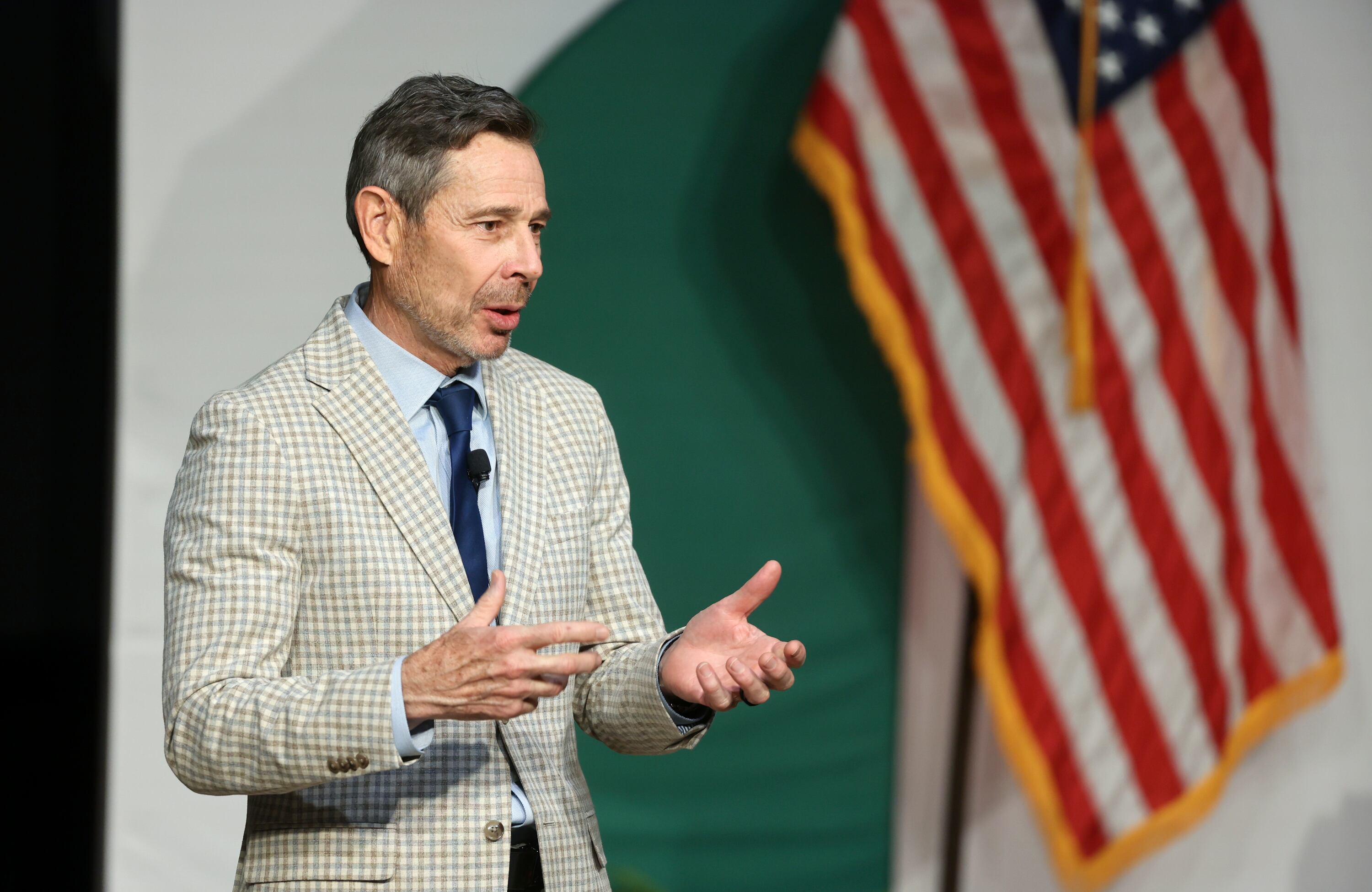 Sen. John Curtis, R-Utah, speaks at “An Evening with Senator John Curtis: Bringing People Together for Constructive Conversation About Climate Change,” at UVU in Orem on May 4. Curtis responds to a report that he may run for governor of Utah in 2028.