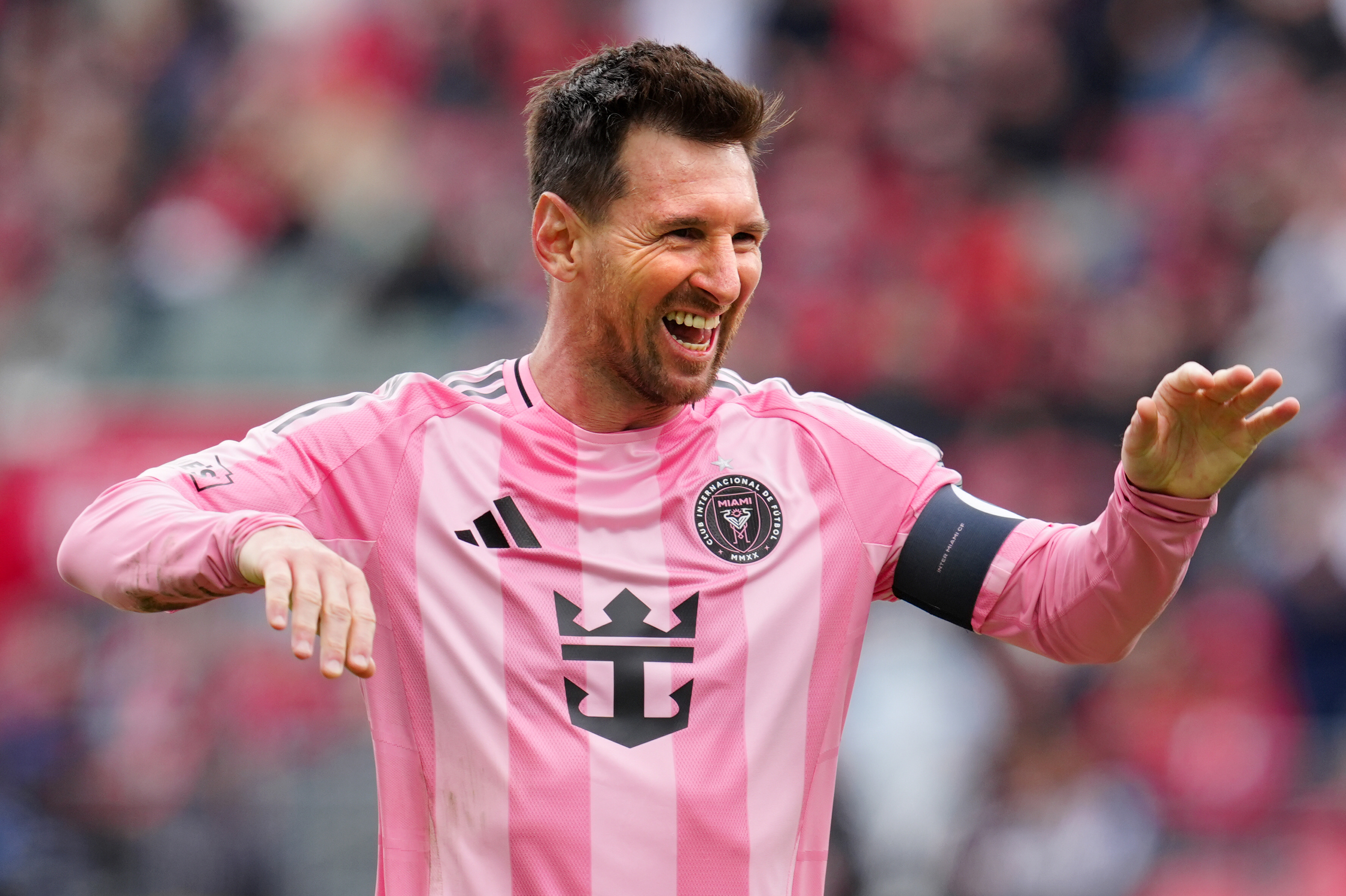 Inter Miami CF midfielder Lionel Messi (10) celebrates his goal during second half MLS soccer against Toronto FC, in Toronto on Saturday, May 9, 2026.