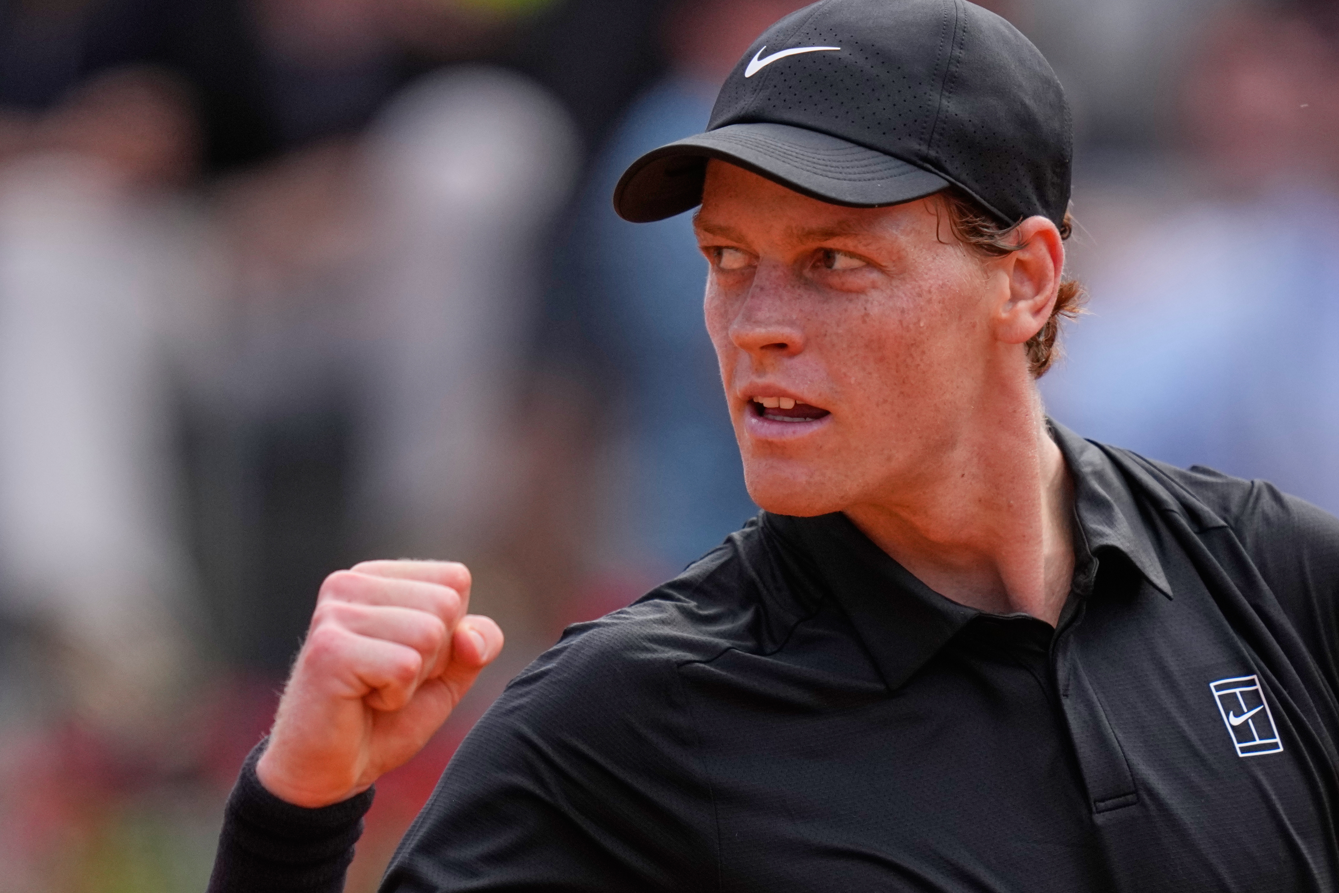 Italy's Jannik Sinner celebrates beating Italy's Andrea Pellegrino, during their match at the Italian Open tennis tournament in Rome, Tuesday, May 12, 2026. 