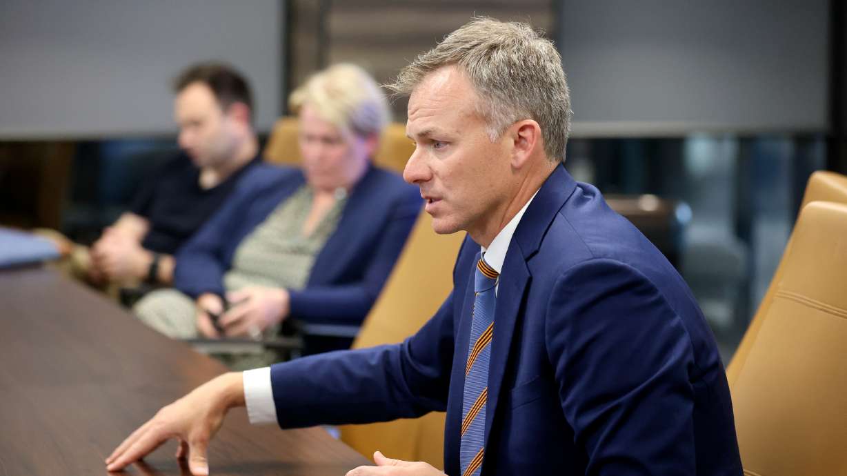 Rep. Blake Moore, R-Utah, talks with the KSL and Deseret News editorial boards in Salt Lake City on Monday.
