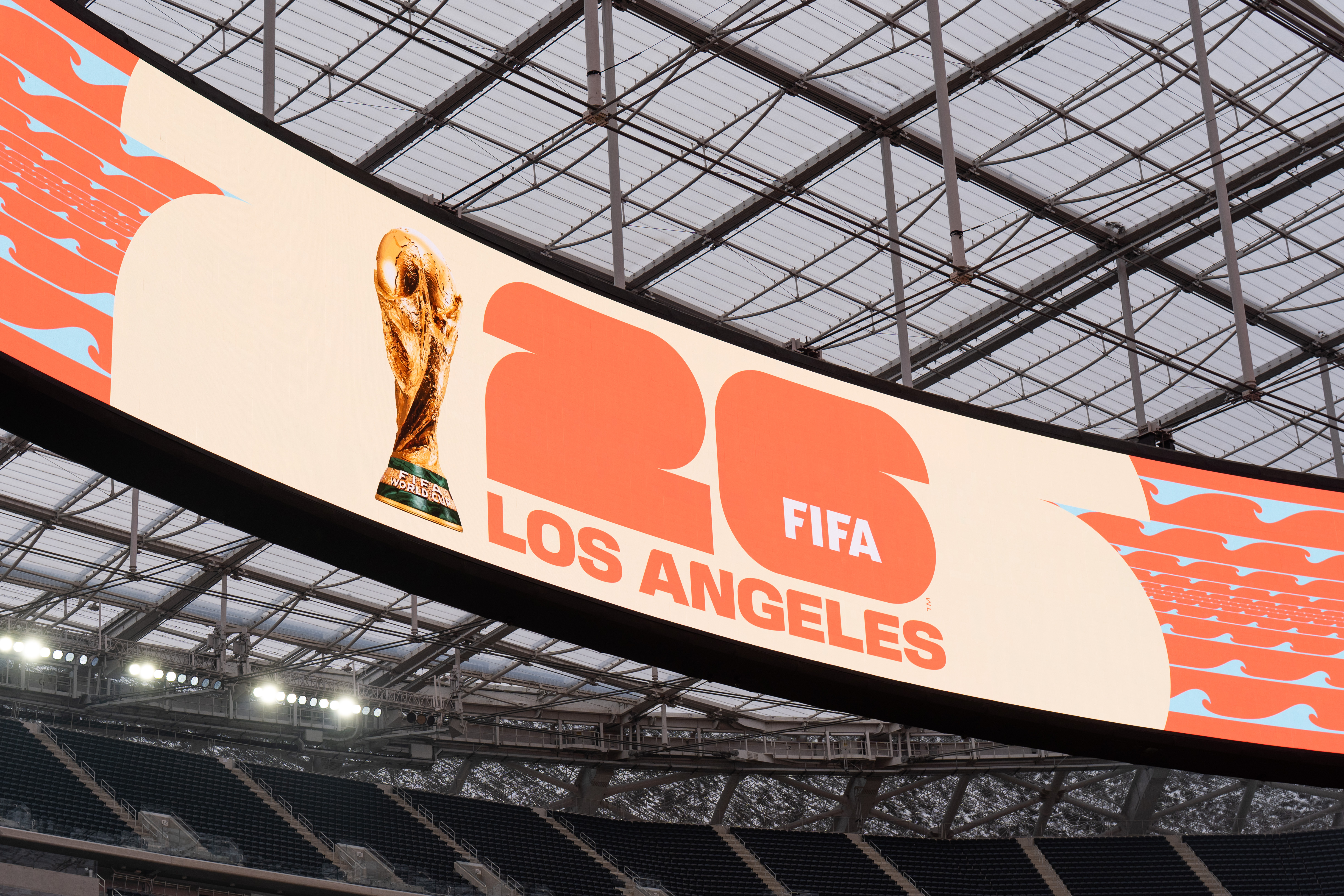 The FIFA World Cup 2026 Los Angeles logo is displayed during a media event for the upcoming FIFA World Cup at SoFi Stadium in Inglewood, Calif., Tuesday, May 12, 2026.