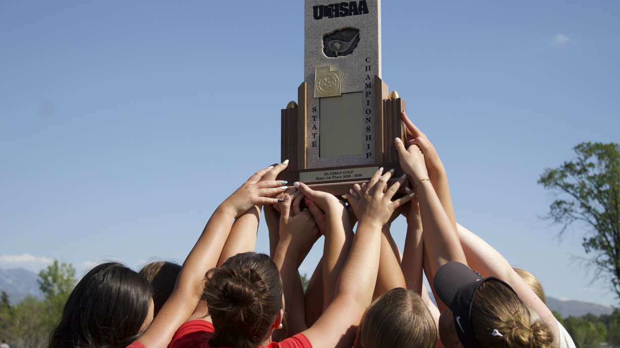 South Sevier celebrates the first golf golf state title in school history at the 2A girls golf state tournament, Tuesday, May 12, 2026 at Mountain View GC in West Jordan.
