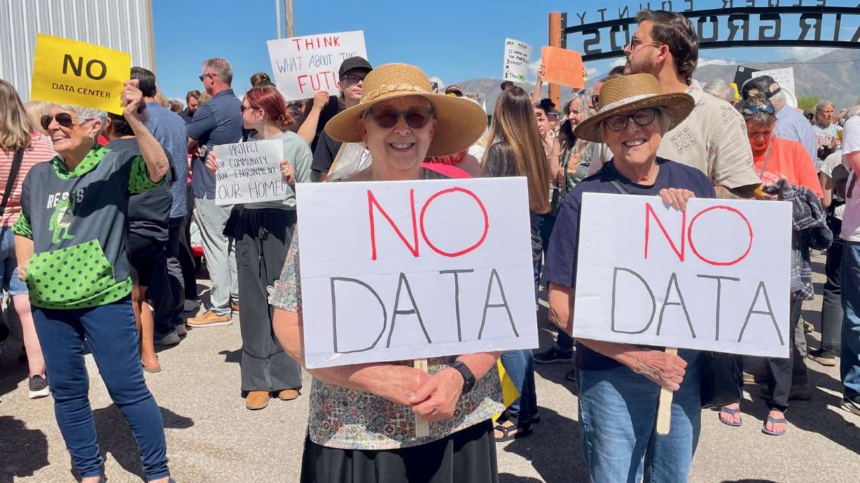 Opponents of a proposed data center protest at the Box Elder County Fairgrounds in Tremonton on May 4. The debate over the proposal is getting heated.