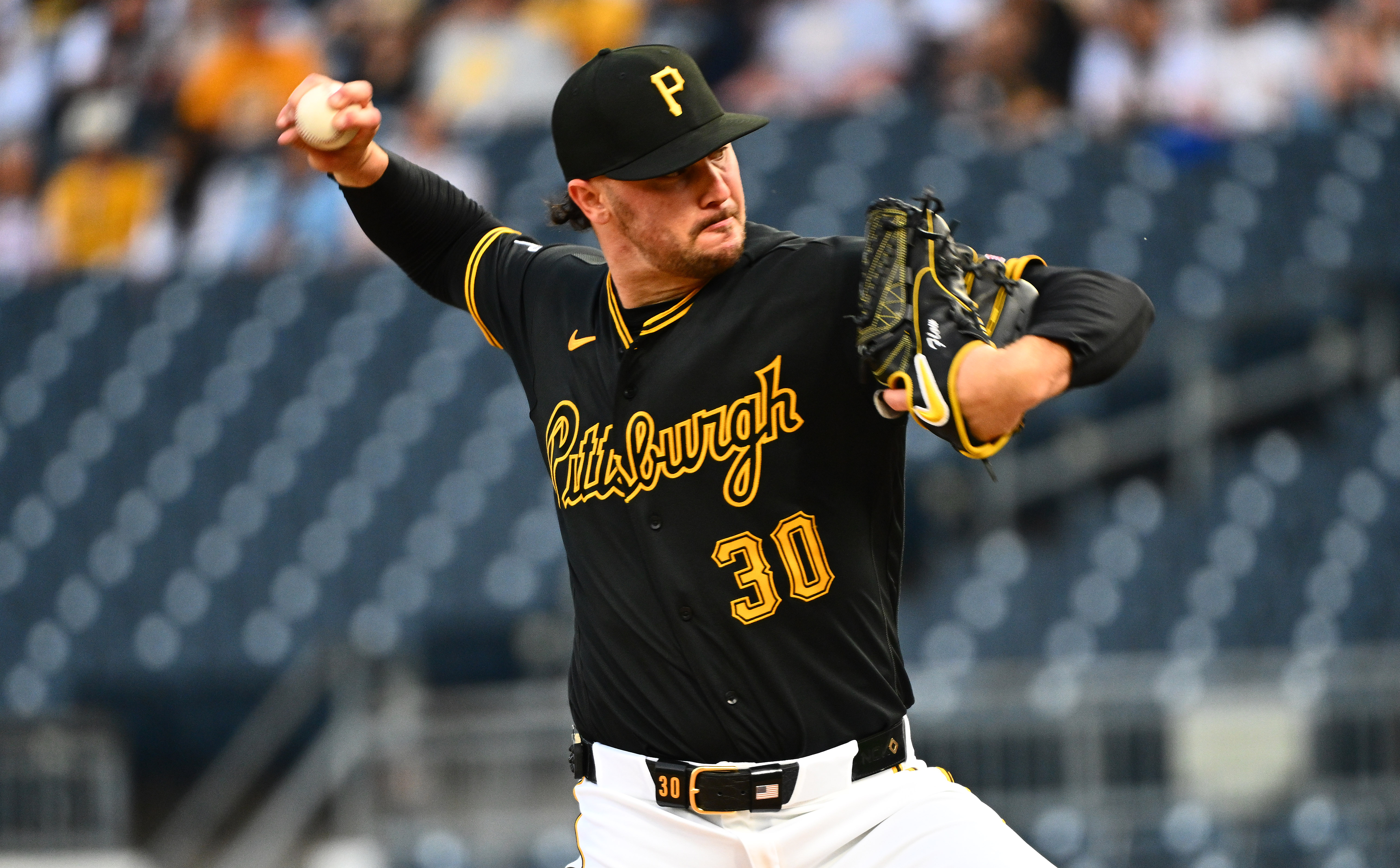 Pittsburgh Pirates pitcher Paul Skenes delivers during the first inning of a baseball game against the Colorado Rockies in Pittsburgh, Tuesday, May 12, 2026. 