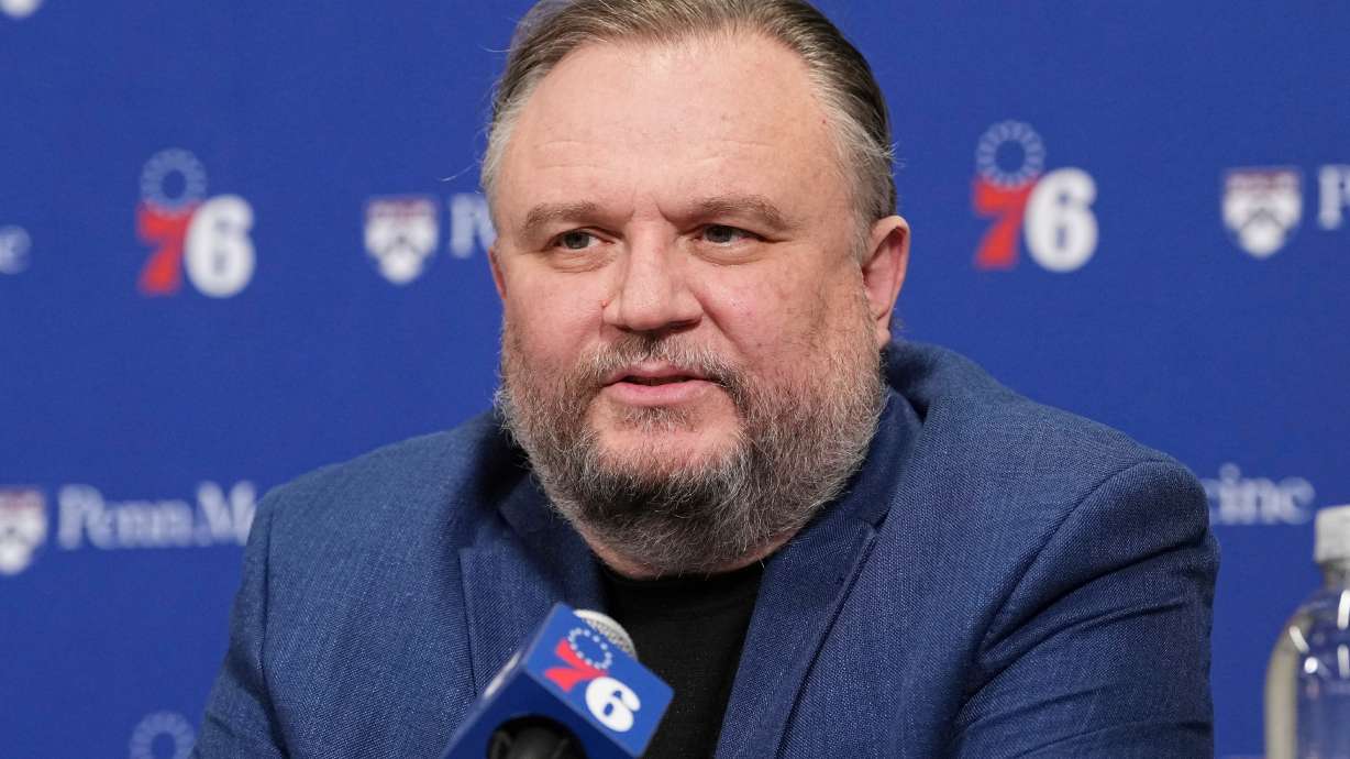 FILE - Philadelphia 76ers President of Basketball Operations Daryl Morey speaks after an NBA basketball game, April 13, 2025, in Philadelphia.