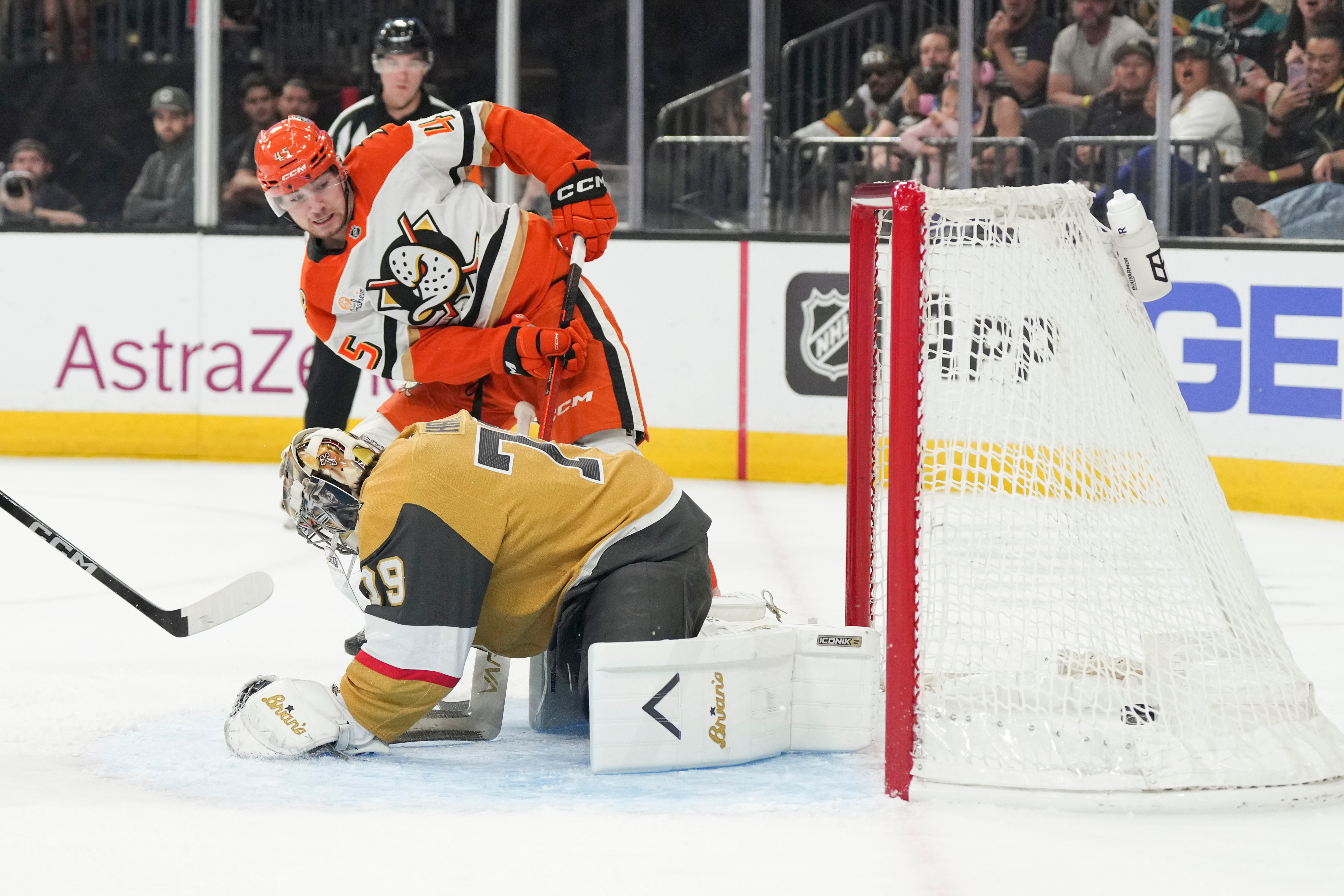 Anaheim Ducks right wing Beckett Sennecke (45) scores against Vegas Golden Knights goaltender Carter Hart (79) during the first period of Game 5 of a second-round NHL hockey Stanley Cup playoff series Tuesday, May 12, 2026, in Las Vegas. 