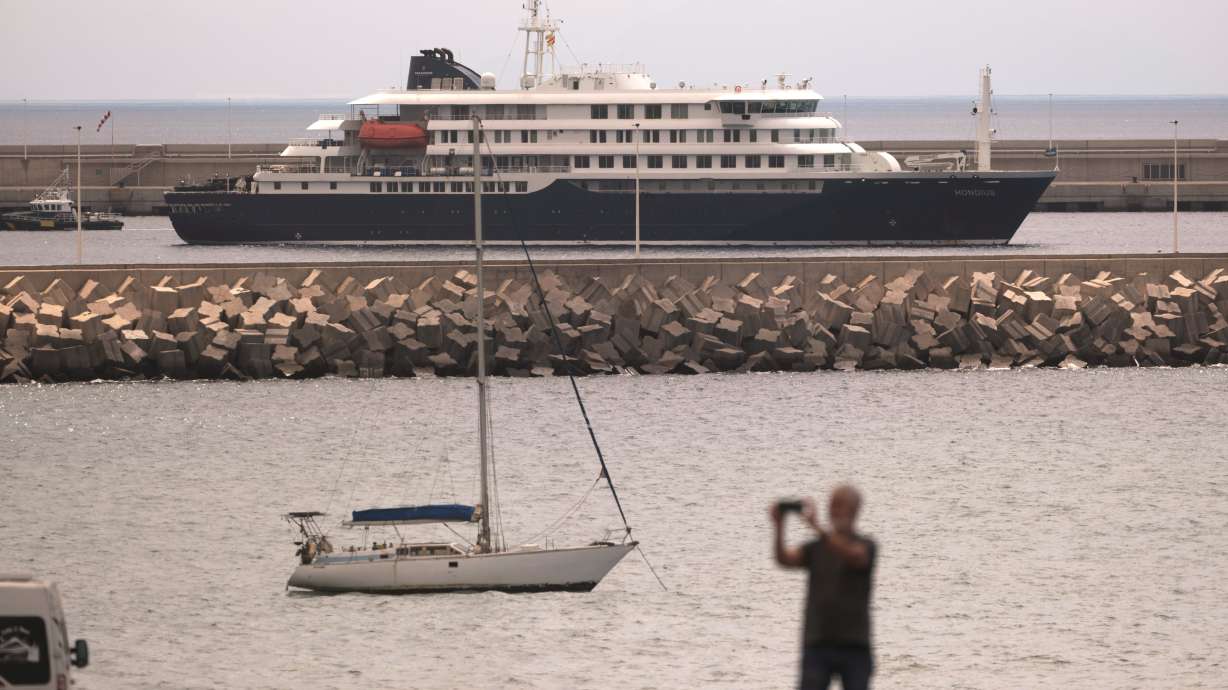 The hantavirus-stricken cruise ship MV Hondius is seen at anchor at the port of Granadilla in Tenerife, Canary Islands, Spain, Monday. The operator of the ship says it will find out by the end of the week when it can resume cruises.
