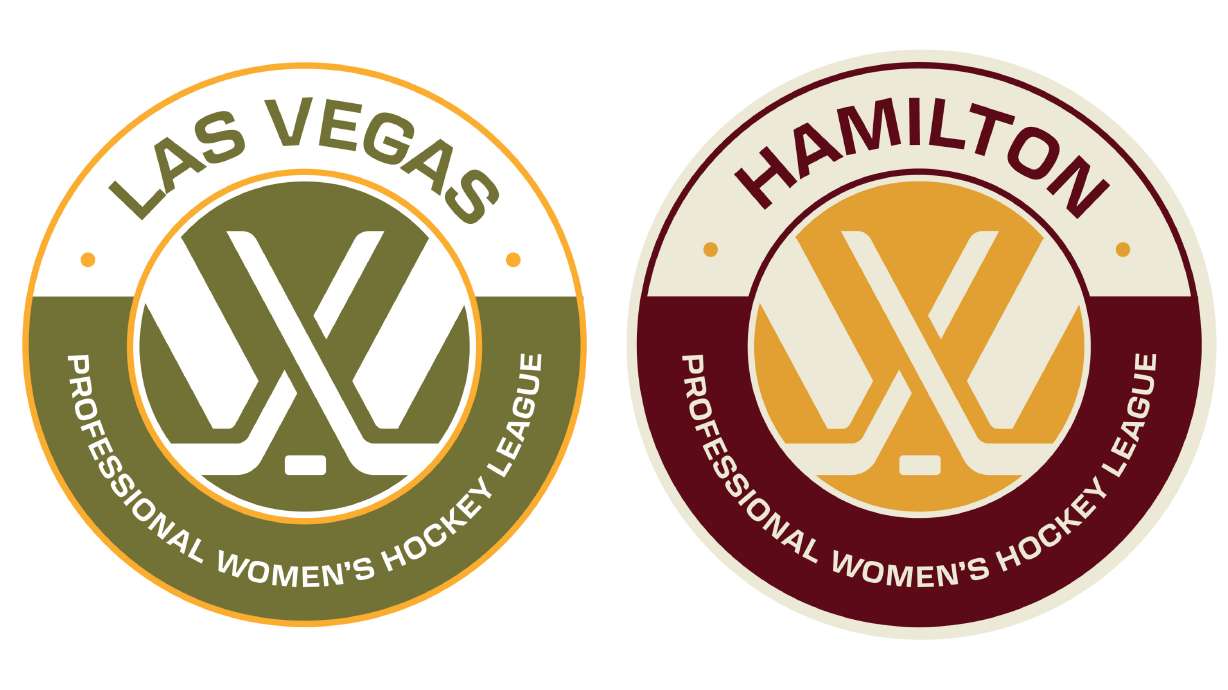 This combo of images provided by the PWHL shows the badges for the league's new women's hockey teams in Las Vegas and Hamilton, Ontario.