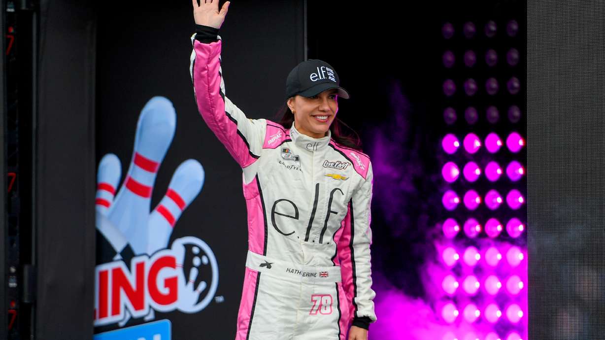 FILE - Katherine Legge (78) is introduced before a NASCAR Cup Series auto race on May 10, 2026, in Watkins Glen, N.Y.