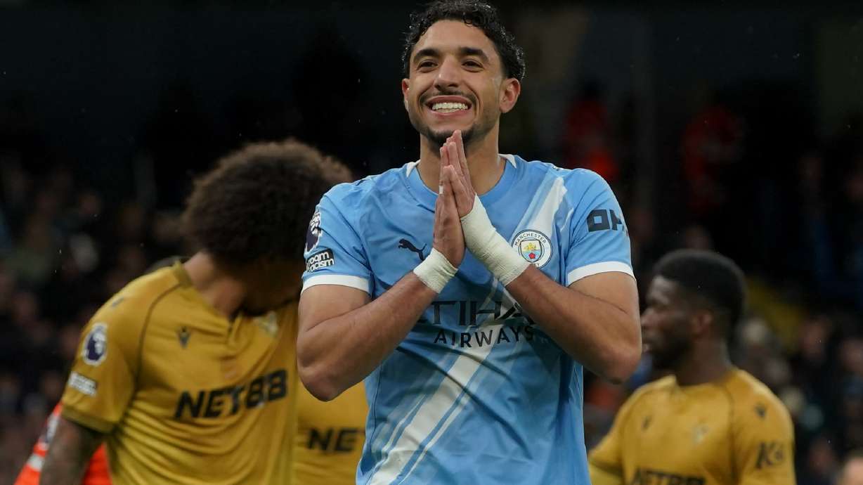 Manchester City's Omar Marmoush reacts during the English Premier League soccer match between Manchester City and Crystal Palace in Manchester, England, Wednesday, May 13, 2026.