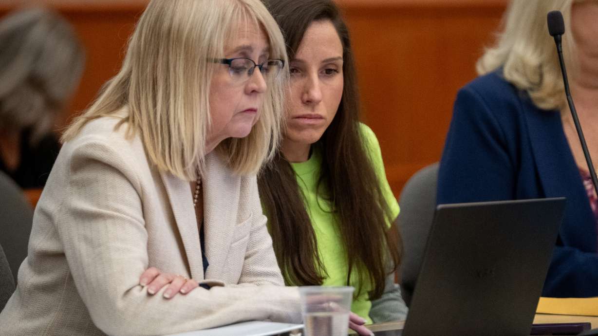 Kouri Richins appears with defense attorney Wendy Lewis at a sentencing hearing in 3rd District Court in Park City on May 13. On Friday, Lewis said she did not object to her client repaying over $1.3 million to life insurance companies.