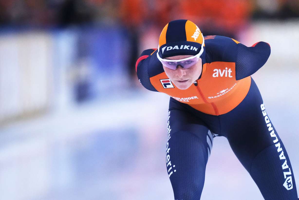 Marijke Groenewoud of the Netherlands competes in the women's 5000 meters speed skating race at the World Championships Allround in Heerenveen, Netherlands, March 8.