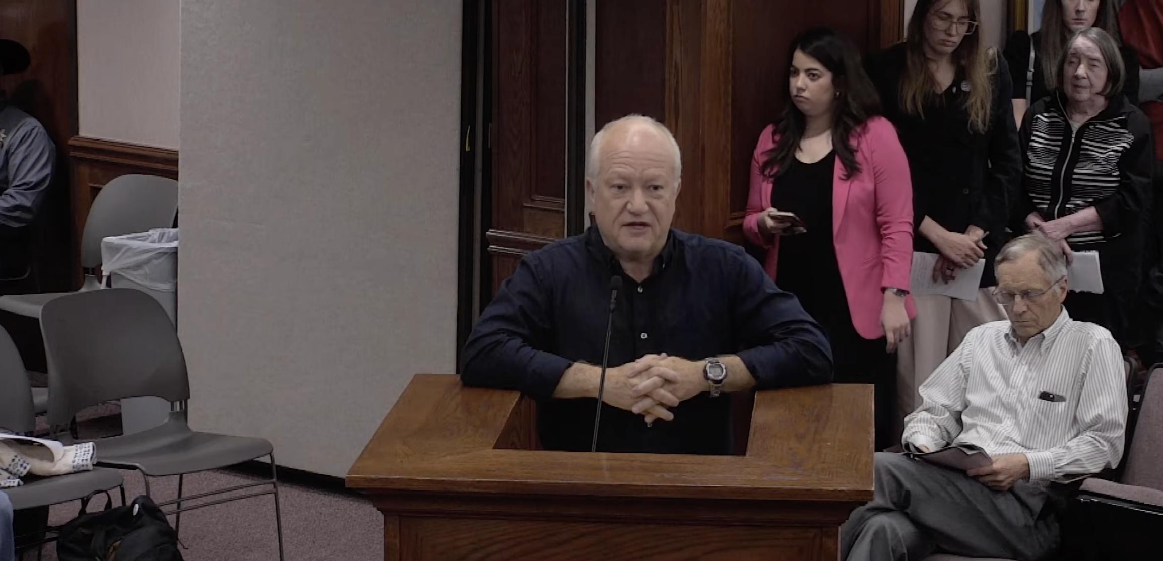 Jay Allen of Mapleton speaks at a Utah County Commission meeting on May 13.