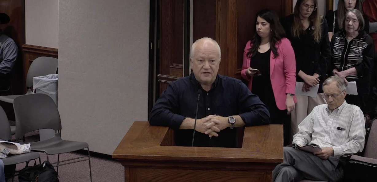 Jay Allen of Mapleton speaks at a Utah County Commission meeting on May 13.