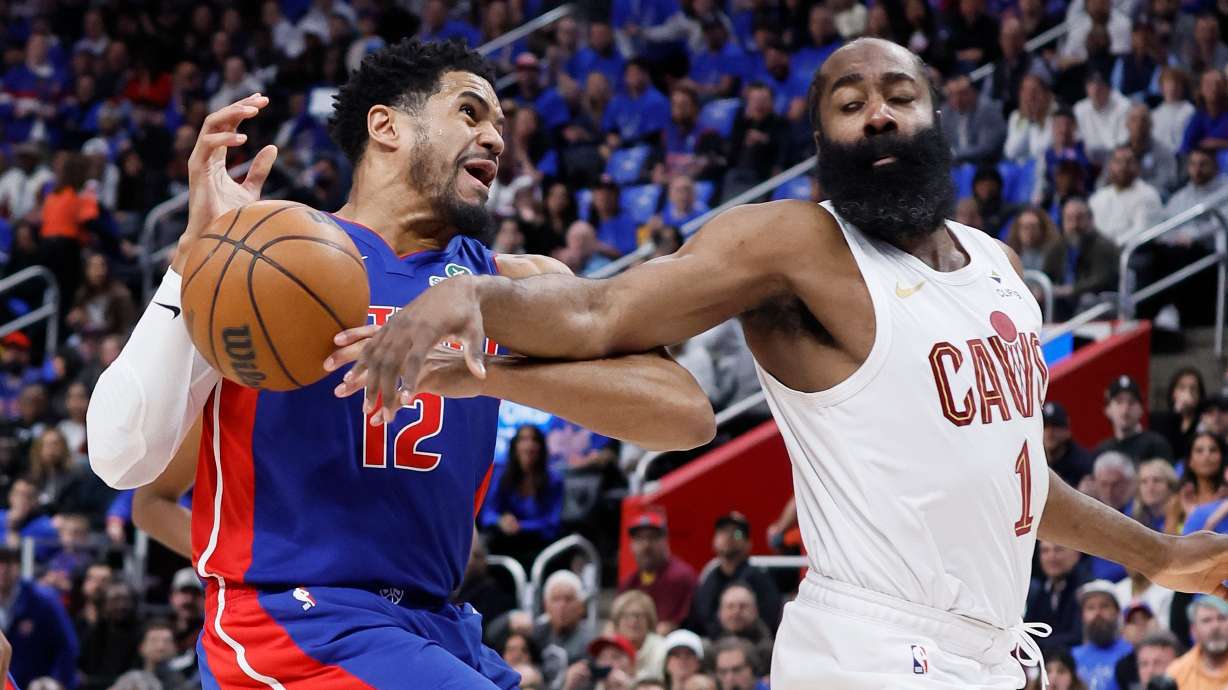 Cleveland Cavaliers guard James Harden (1) knocks the ball out of the hands of Detroit Pistons forward Tobias Harris (12) while going to the basket during the first half in Game 5 of a second-round NBA playoffs basketball series Wednesday, May 13, 2026, in Detroit.