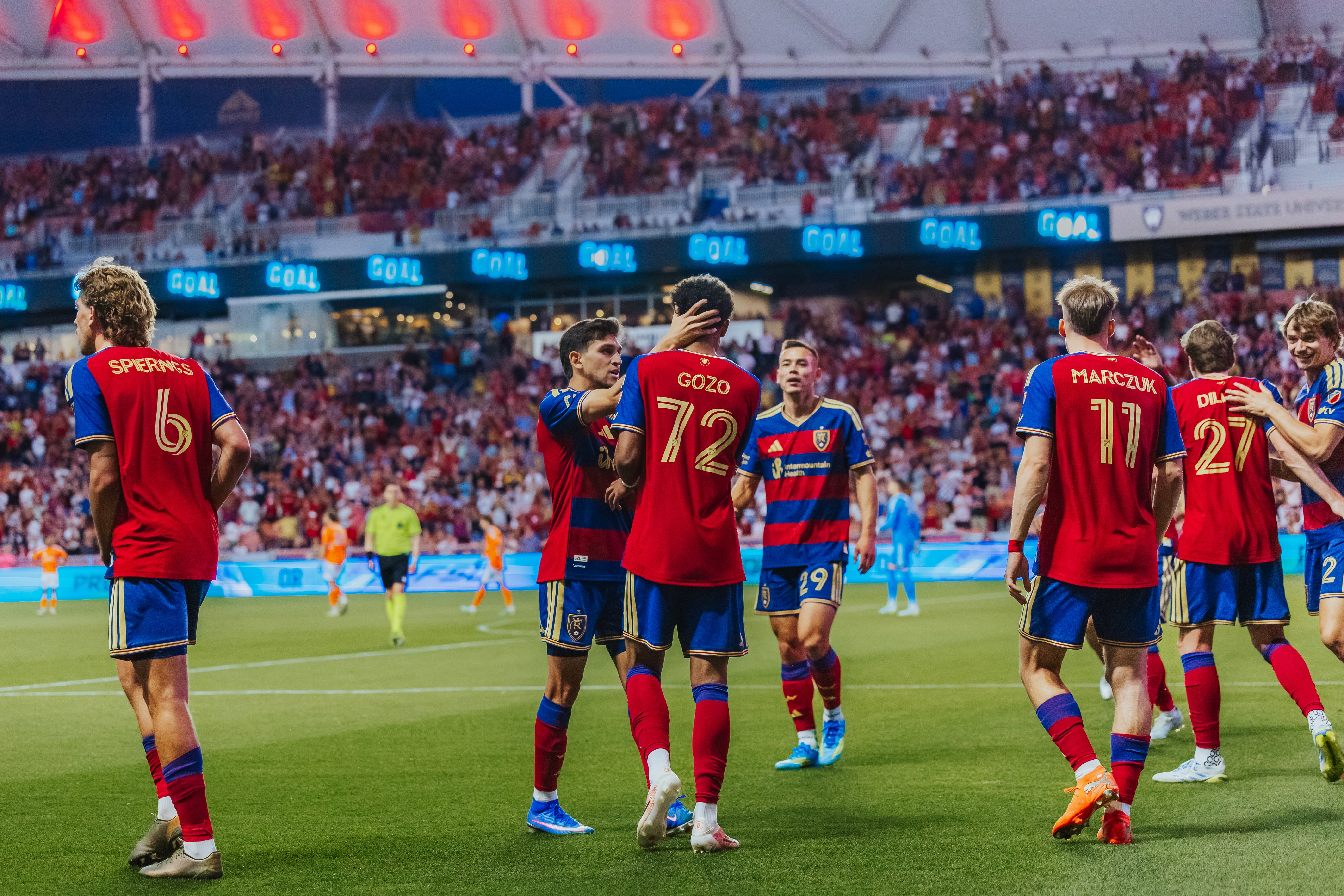 Real Salt Lake's JuanMa Sanabria congratulates teammate Zavier Gozo after a goal during a 3-0 win over Houston Dynamo FC, Wednesday, May 13, 2026 in Sandy, Utah.
