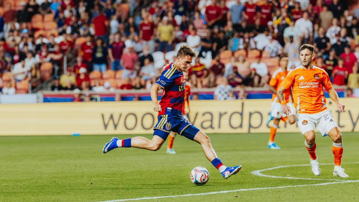 Real Salt Lake winger Zach Booth looks to score during a 3-0 win over Houston Dynamo FC, Wednesday, May 13, 2026 in Sandy, Utah.