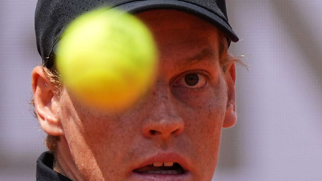 Italy's Jannik Sinner eyes the ball as he plays Andrey Rublev, during their match at the Italian Open tennis tournament in Rome, Thursday, May 14, 2026.