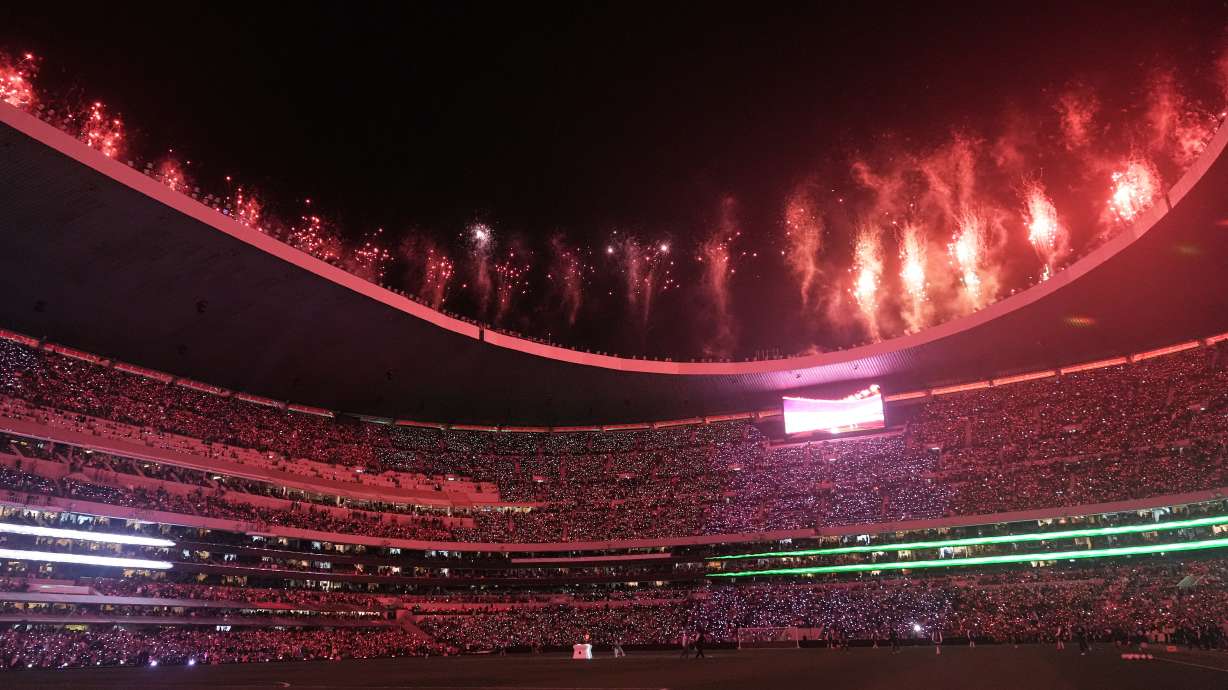 FILE - Fireworks go off at the halftime during the international friendly soccer match between Mexico and Portugal at the Estadio Barnorte in Mexico City, Saturday, March 28, 2026.