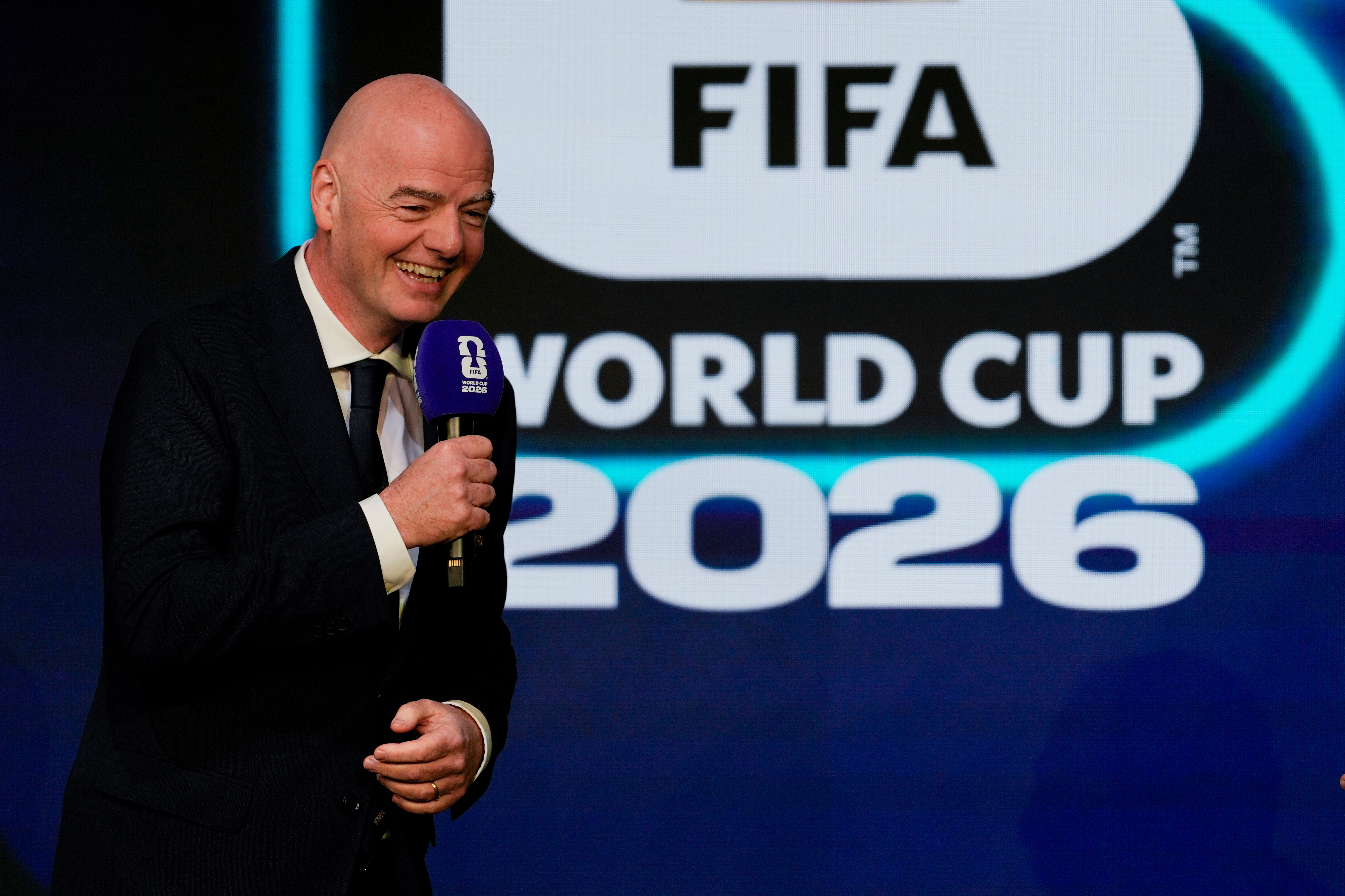 FILE - FIFA President Gianni Infantino speaks during the match schedule reveal for the 2026 soccer World Cup in Washington, Saturday, Dec. 6, 2025. 