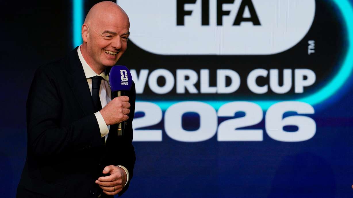 FILE - FIFA President Gianni Infantino speaks during the match schedule reveal for the 2026 soccer World Cup in Washington, Saturday, Dec. 6, 2025.