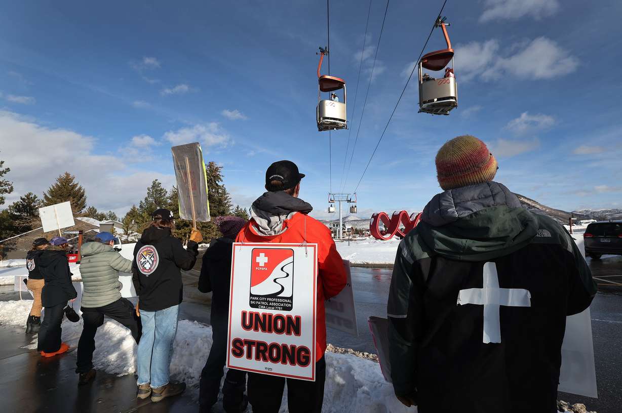 Park City Mountain ski patrollers strike at Park City Mountain Canyons Village in Park City on Jan. 2, 2025. The patrol union filed for arbitration, accusing Vail Resorts of violating its collective bargaining agreement.