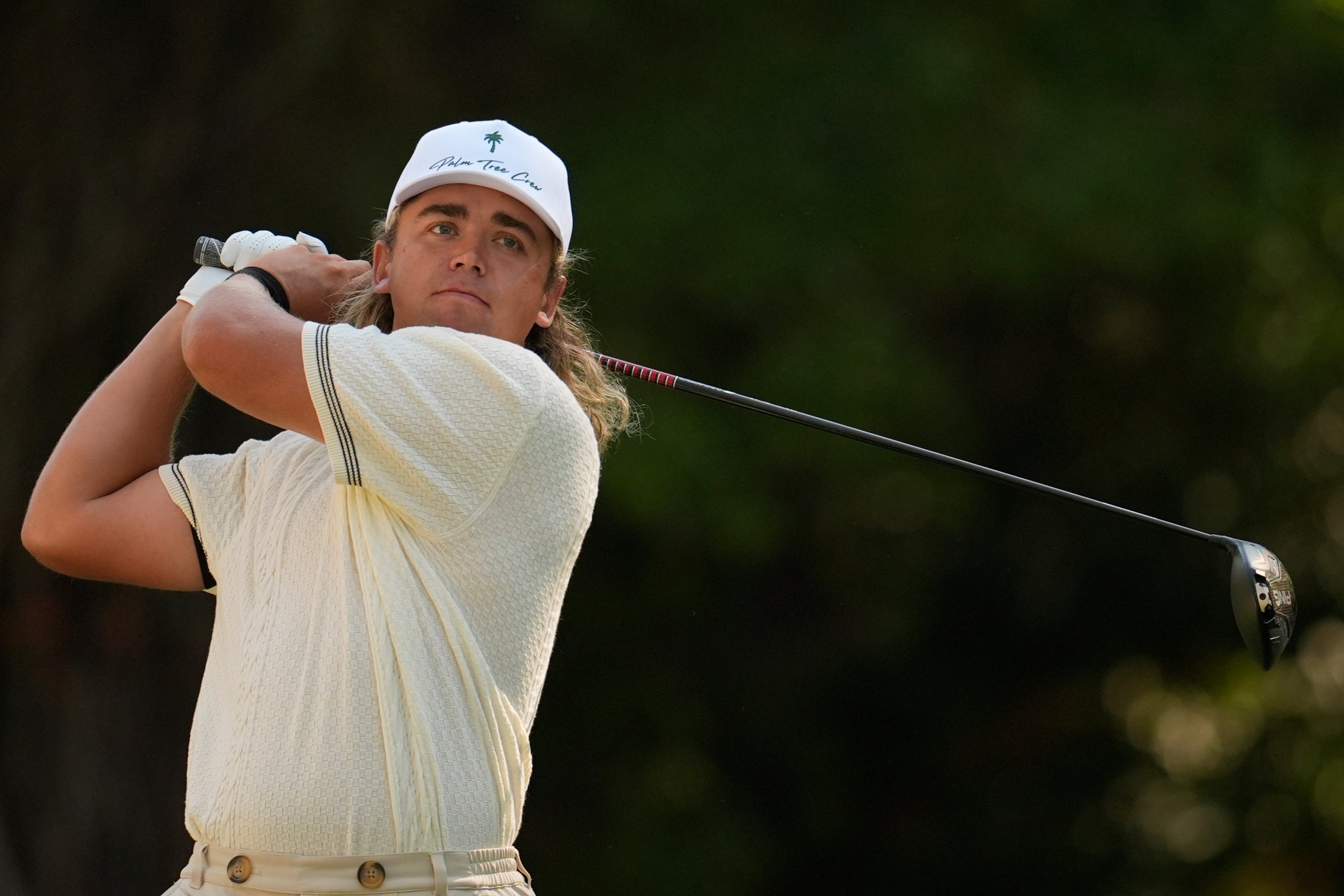 Garrick Higgo, of South Africa, hits from the 12th tee during the second round at the RBC Heritage golf tournament, Friday, April 17, 2026, in Hilton Head Island, S.C.