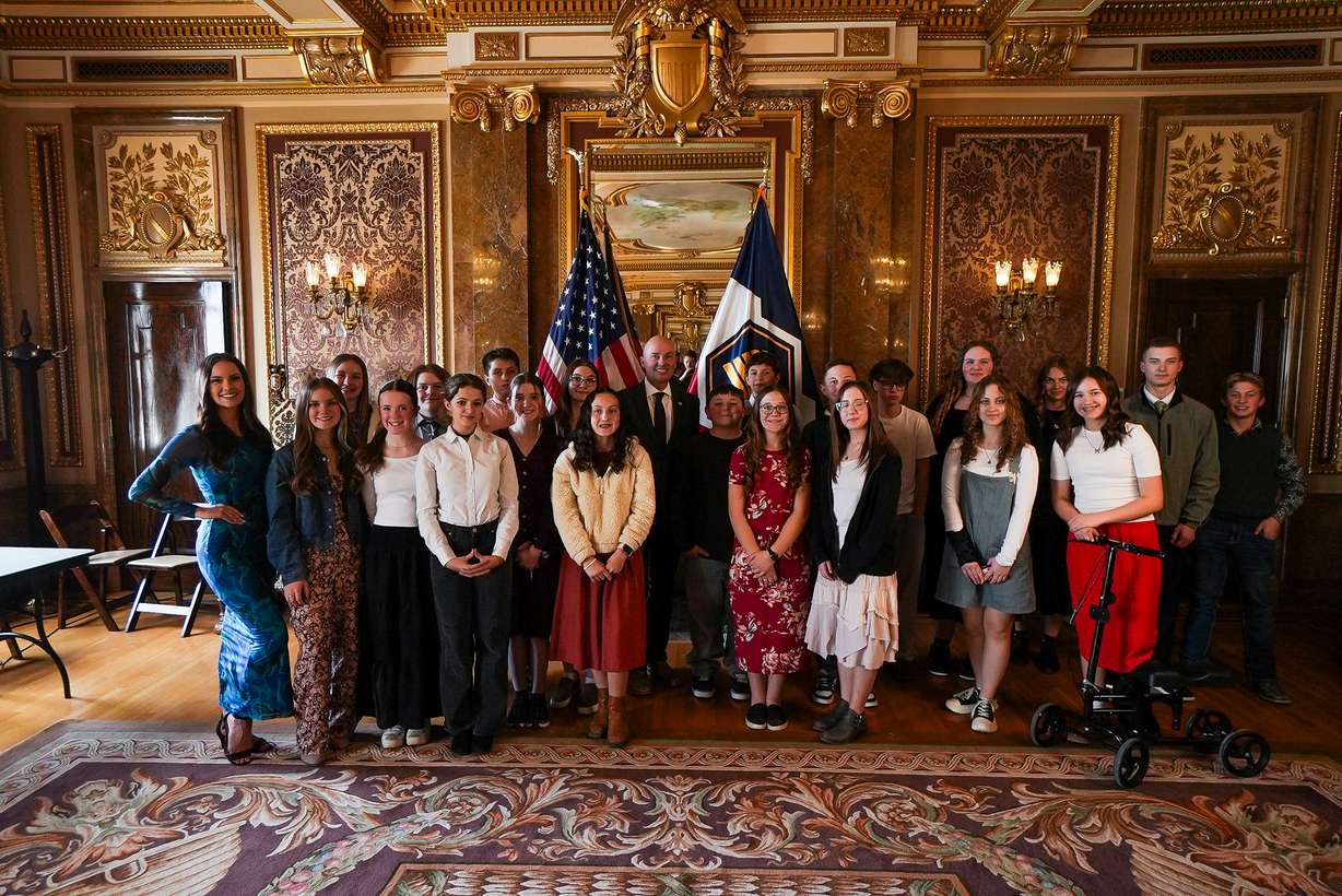 South Sevier Middle School students meet with Utah Gov. Spencer Cox in February in Salt Lake City. The students designed a mural to commemorate the country's 250th anniversary.