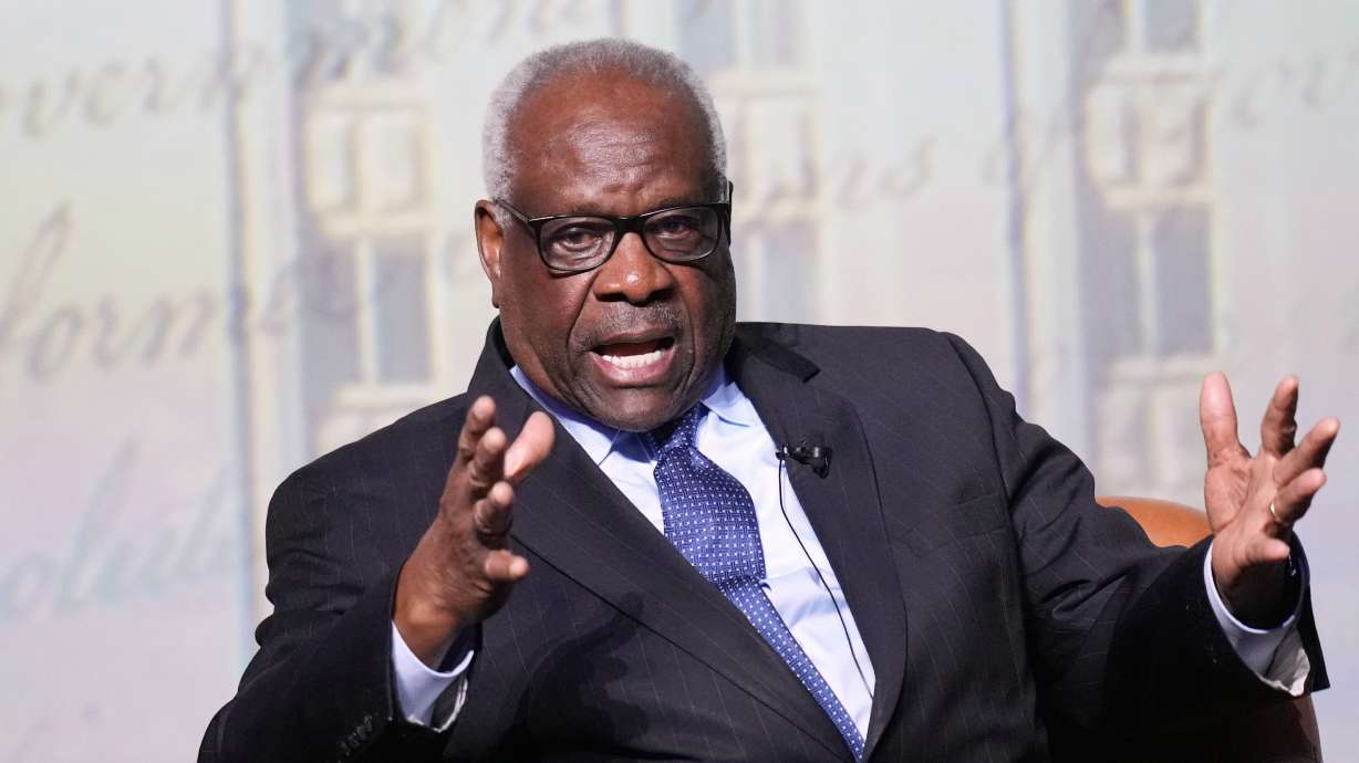 Supreme Court Associate Justice Clarence Thomas answers questions during a visit to the University of Texas at Austin, in Austin, Texas, April 15.