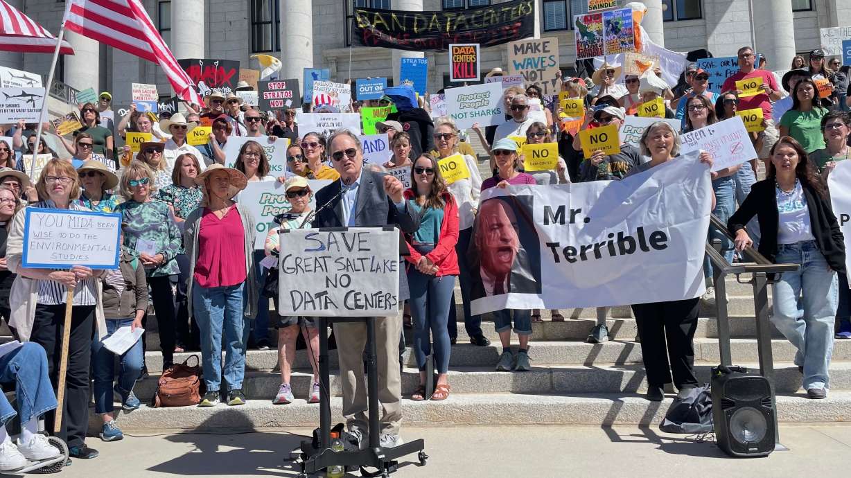 Brian Moench of Utah Physicians for a Healthy Environment addresses a rally on Thursday at the Utah Capitol in Salt Lake City against a proposed data center in Box Elder County.