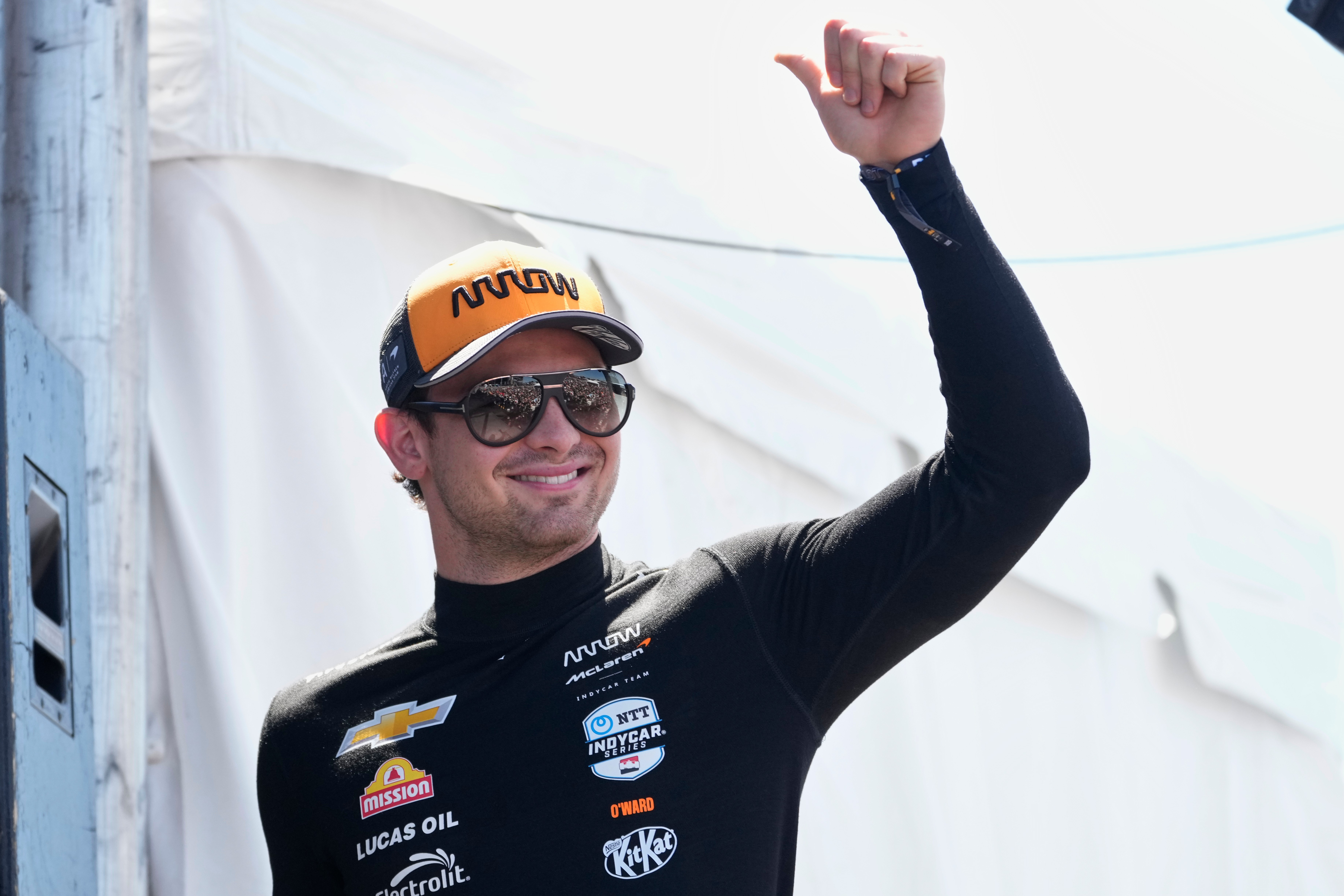 FILE - Pato O'Ward is introduced before an IndyCar auto race, Aug. 31, 2025, at Nashville Superspeedway in Lebanon, Tenn. 