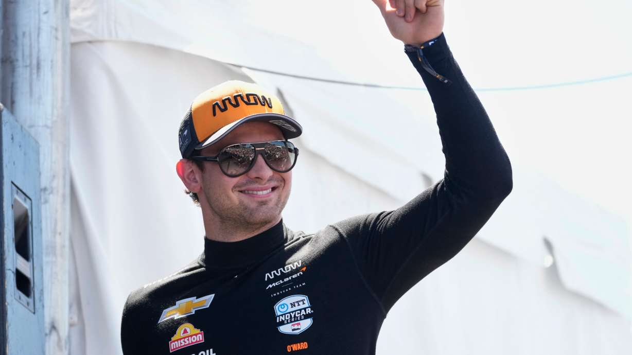 FILE - Pato O'Ward is introduced before an IndyCar auto race, Aug. 31, 2025, at Nashville Superspeedway in Lebanon, Tenn.